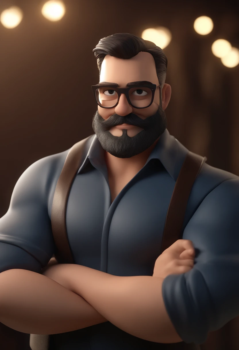 Cartoon character of a man with black glasses and a black polo shirt, cabelo liso, With beard and old school tattoo on his arm, animation character, Caractere estilizado, animation style rendering, 3D estilizado, Arnold Maya render, 3 d render stylized, toon render keyshot, Personagem 3D, Personagem 3D, 3d rendering stylized, 3 d character render, personagem de desenho animado, Personagem de close up, Pose de personagem,  (Estilo Pixar) (master part:1.2) (Bokeh) (best quality) (pele detalhada) (textura detalhada) (8k) (argila) (Cinematic lighting) (foco nítido