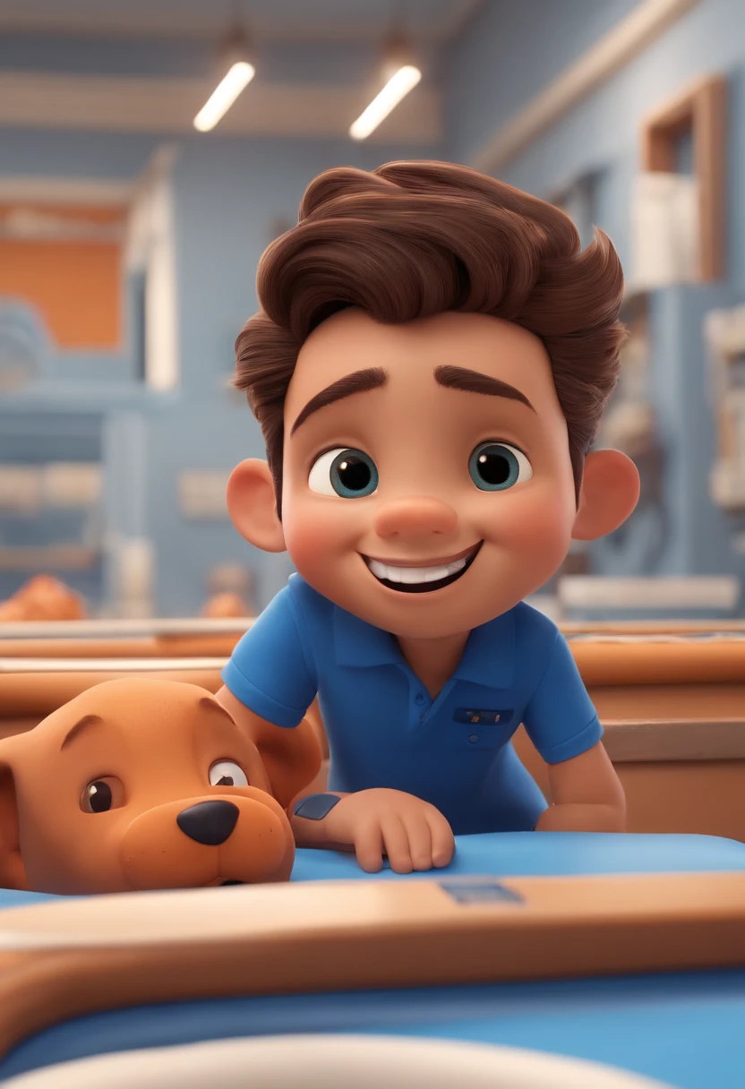 A happy boy com barba e cabelos escuros com mais ou menos 40 anos vestindo uma camisa polo azul marinho, , fundo branco, barnet, Tom, Estilo Pixar, ......3d, desenho