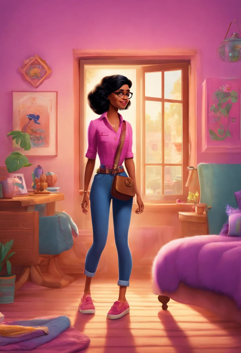 A Disney and Pixar poster with the name Dalva featuring a black-haired woman wearing glasses with jeans and a pink blouse in her purple room with posters of her