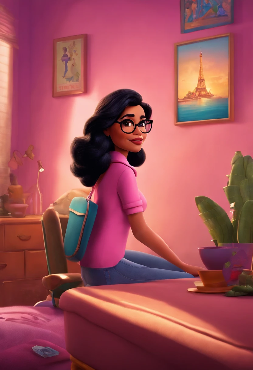 A Disney and Pixar poster with the name Dalva featuring a black-haired woman wearing glasses with jeans and a pink blouse in her purple room with posters of her