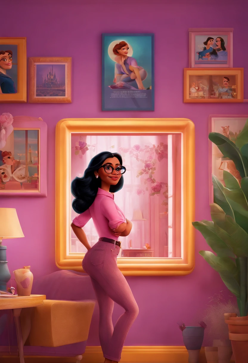 A Disney and Pixar poster with the name Dalva featuring a black-haired woman wearing glasses with jeans and a pink blouse in her purple room with posters of her
