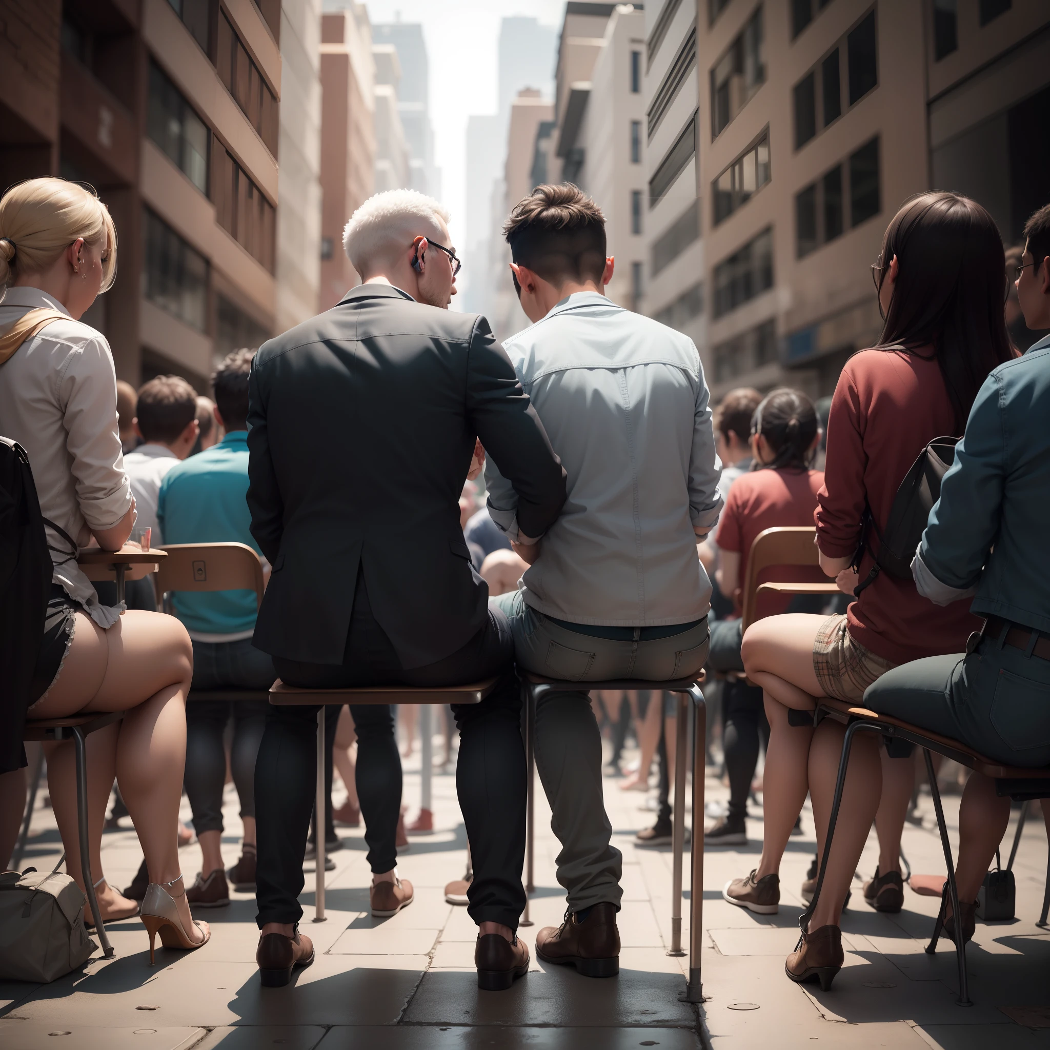 set pointless man, sitting alone, watching crowd of people view from behind