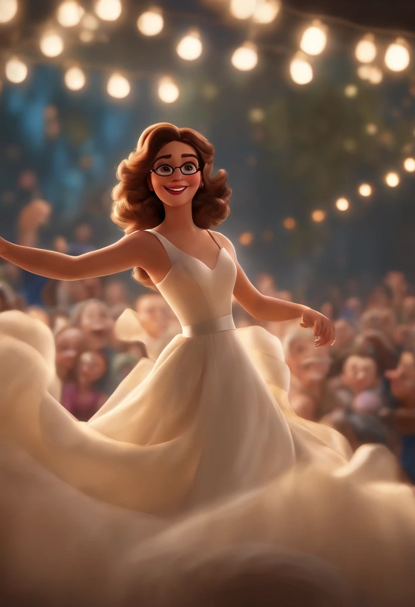 "(best quality,ultra-detalhado,Realistic:1.37),3D rendering,illustration,design de personagens,cabelos curtos e cacheados escuros,belos olhos detalhados,wearing white glasses,Estilo Pixar,morena mulher,Dancing on the Disney stage,atmosfera animada,vivid colors,luzes de palco,expression joyful"