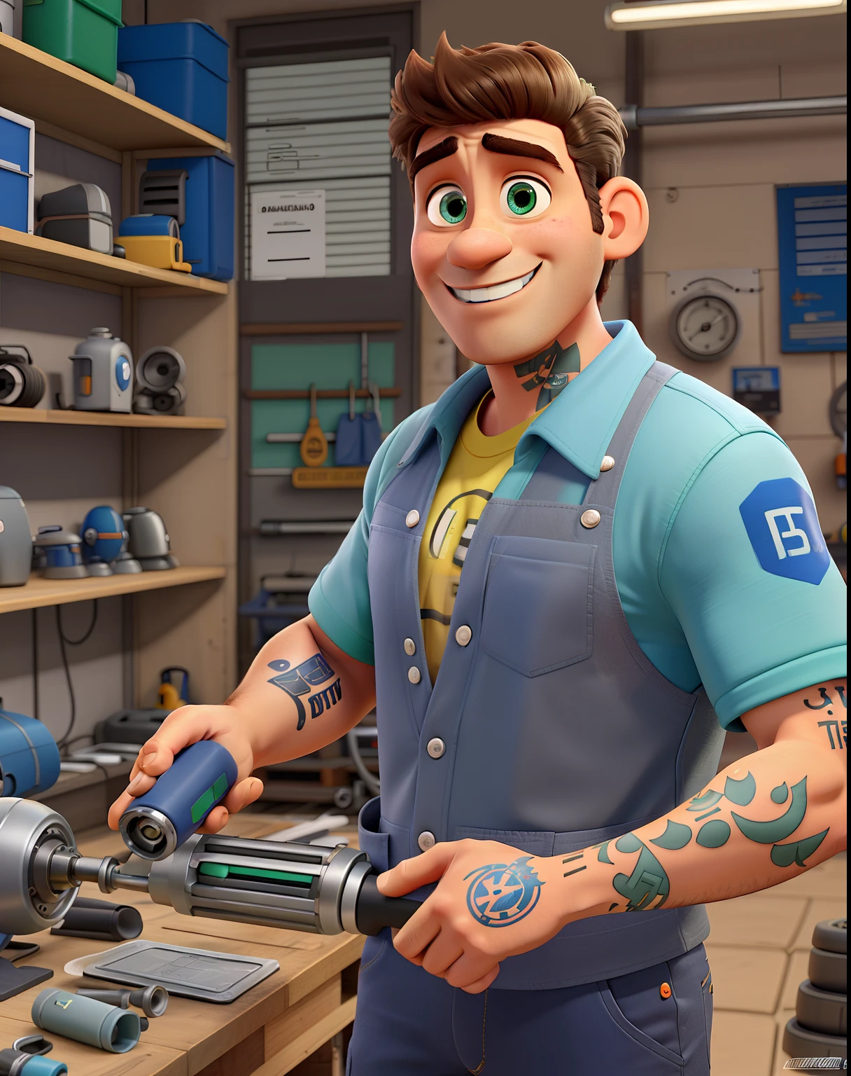 criar em estilo pixar Disney , A Young Mechanic, com os cabelos quase careca em loiro, um olho verde outro castanho claro , um leve bigode ,magro ,tom de pele branca , with some tattoos on his arm , He's smiling and happy , he is inside a mechanic shop called Quinho auto elétrica, The colors of the workshop are light gray ,azul e branco , ele veste uma camisa de uniforme preta , written Quinho auto electric, He has an automotive alternator in his hands , e feliz