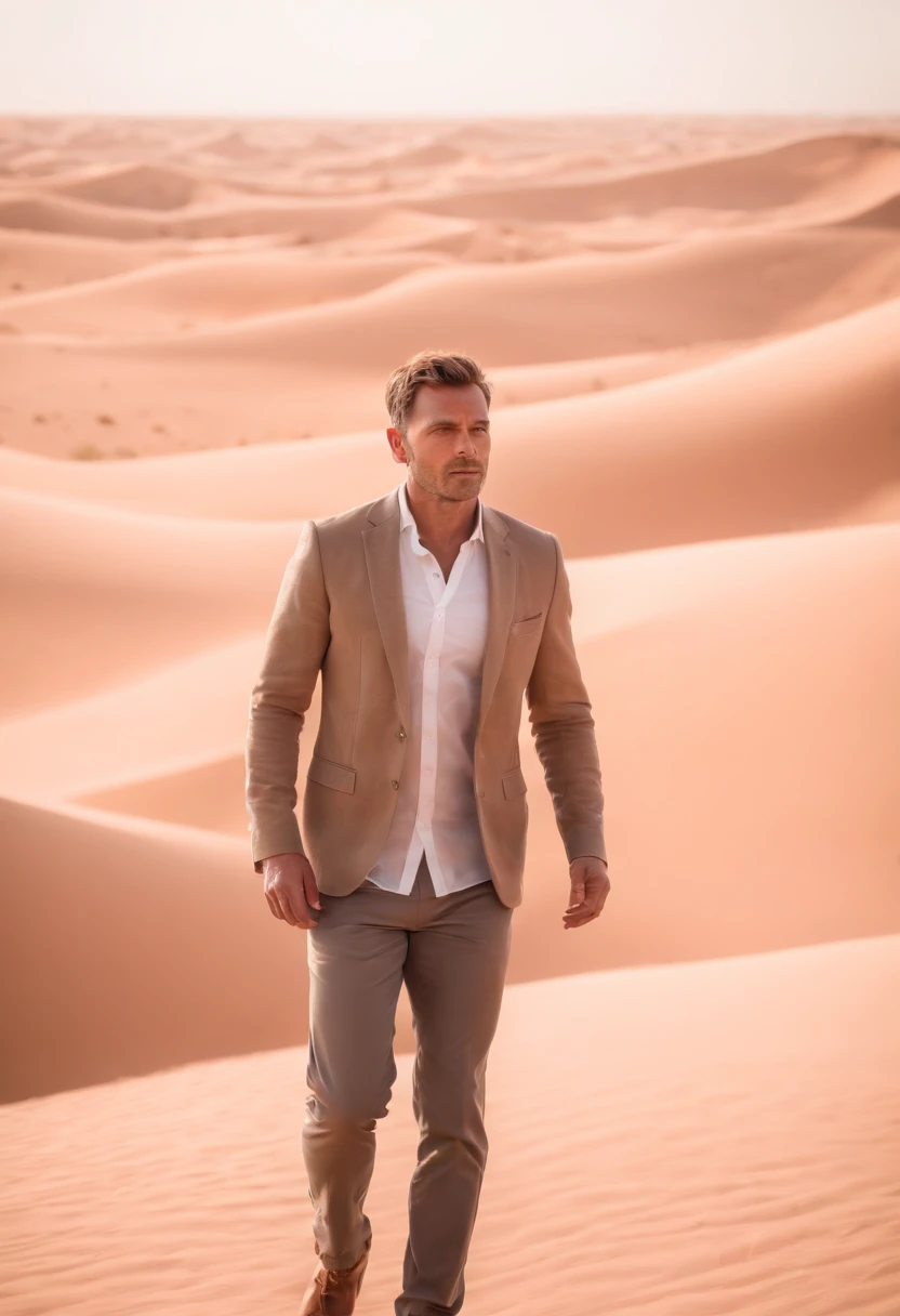 Man Walking Facing the Desert, very short hair, dubai en fond, 50m from the camera, high contrast, couleurs chaudes, ultra realist, highly detailed, complicated, mise au point nette, profondeur de champ, Prise de vue moyenne, Hdr, 8k, (hyperrealism:1.2), (photoreallistic:1.2), prise avec le Canon EOS 5D Mark IV