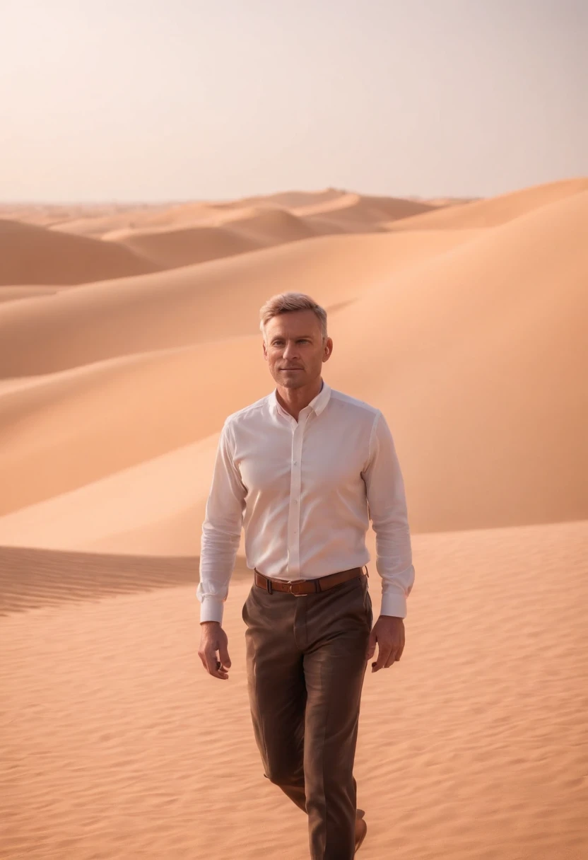 Man Walking Facing the Desert, very short hair, dubai en fond, 50m from the camera, high contrast, couleurs chaudes, ultra realist, highly detailed, complicated, mise au point nette, profondeur de champ, Prise de vue moyenne, Hdr, 8k, (hyperrealism:1.2), (photoreallistic:1.2), prise avec le Canon EOS 5D Mark IV