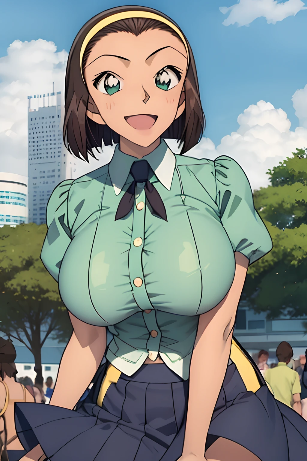 is looking at the camera、Looking over here、lookatviewer、anime styled、Eroge、1girl in,  huge-breasted, white  shirt, The shirt, low angles、Cowboy Shot, bra very, see through, Short Sleeve Lip,A smile、Open mouth、Cheerful smile、brown haired, shairband、Bob Hair、Forehead、blush, sleeves, Arms behind your head, Bangs, Upper body, teepee, Tuck the shirt inside the skirt, School Girl, Blue mini skirt、Green tie