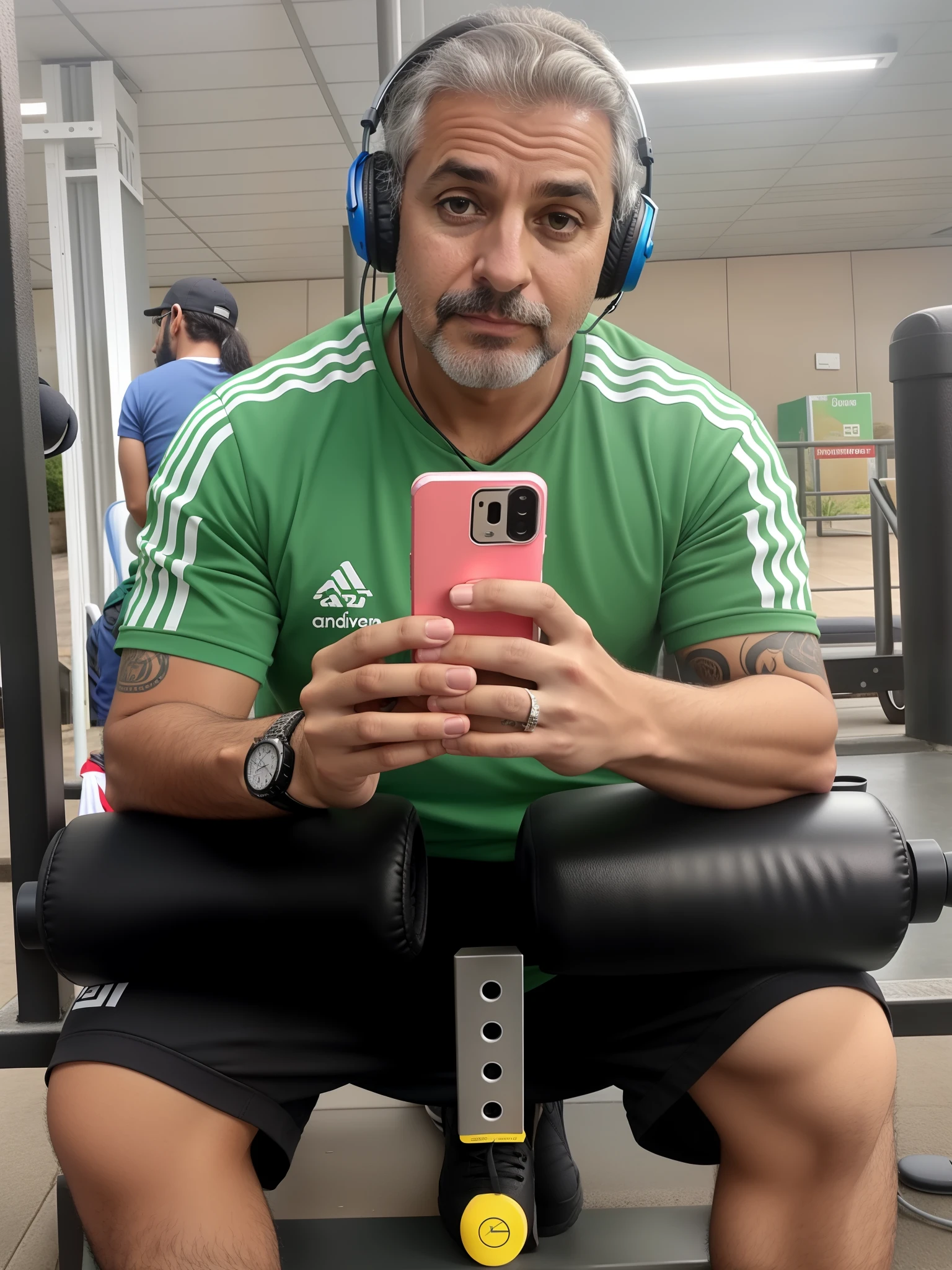 There's a man sitting on a bench with headphones on., ele tem cerca de 4 0 anos de idade, ele tem cerca de 40 anos, malhar, ele tem 3 5 anos, em uma academia, photo from behind, levantamento de pesos, sentado em um trono de metal, 3 6 anos, ele tem cerca de 30 anos, usar o rosto da foto