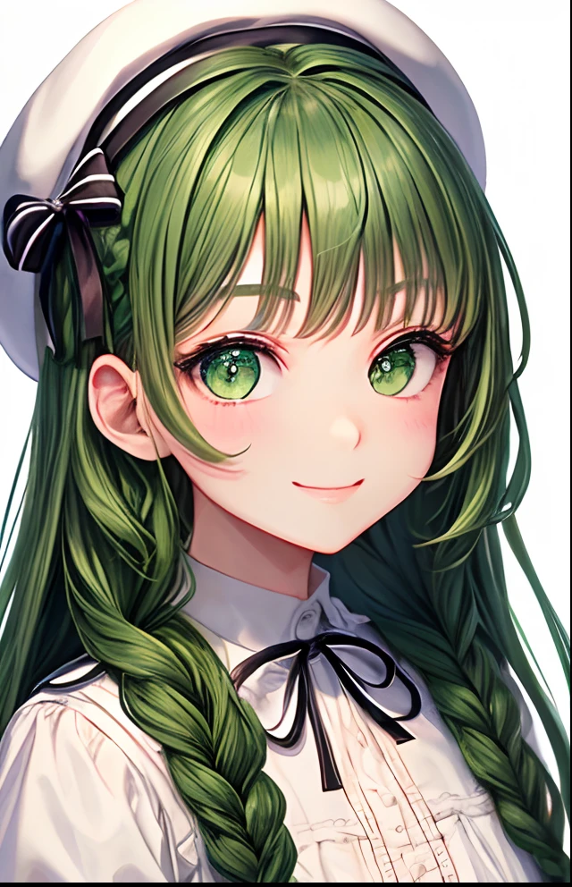 girl with、No background、without background、Background through、Green hair、Green hair、Long、The long-haired、Braiding、Subject bangs、Aligned bangs、Sareme、drooping eyebrows、Green eyes、Green eyes、White uniform、White Lolita Fashion、Onepiece、beret、White cap、Striped ribbon、A smile、kawaii、without background