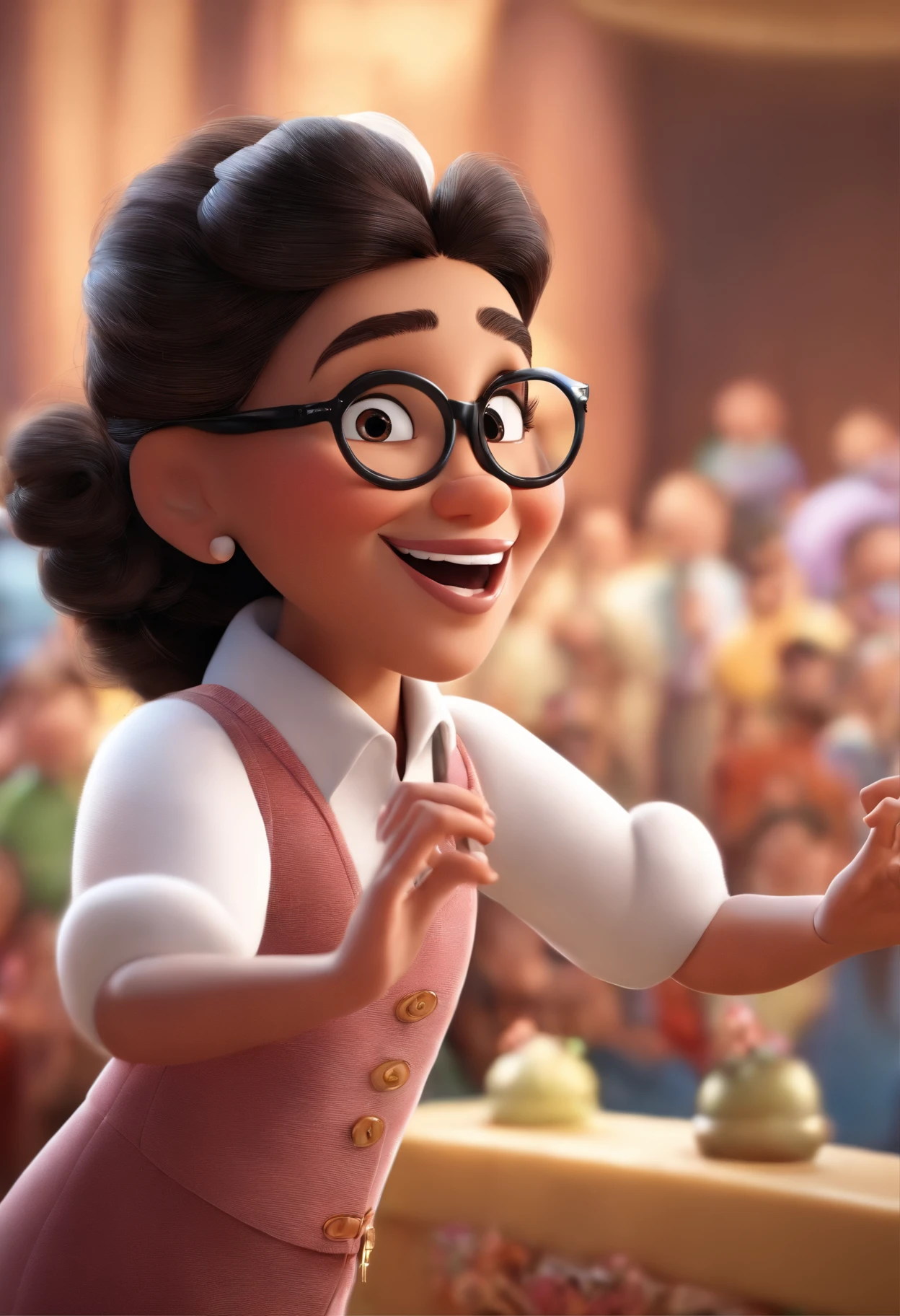 "(best quality,ultra-detalhado,Realistic:1.37),3D rendering,illustration,design de personagens,cabelos curtos e cacheados escuros,belos olhos detalhados,wearing white glasses,Estilo Pixar,morena mulher,Dancing on the Disney stage,atmosfera animada,vivid colors,luzes de palco,expression joyful"
