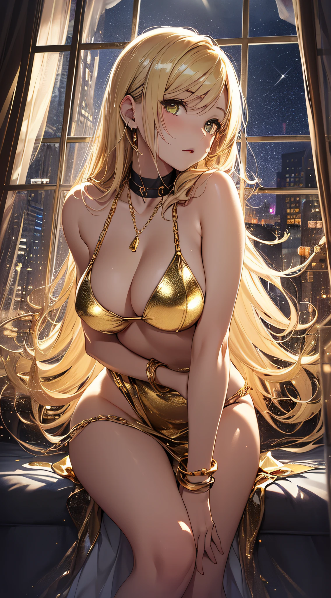 top-quality、Top image quality、masterpiece、girl with((20yr old、Best Bust、big bast、Bust 85,beautiful golden eyes、Breasts wide open,Blonde long hair、A slender、Large valleys、Gold Bikini、Gold Dress,Leaning forward、Reflecting the whole body))hiquality、Beautiful Art、Background with((Luxury Hotels、Golden Chain、Window with night view)))masutepiece、visualart、depth of fields、