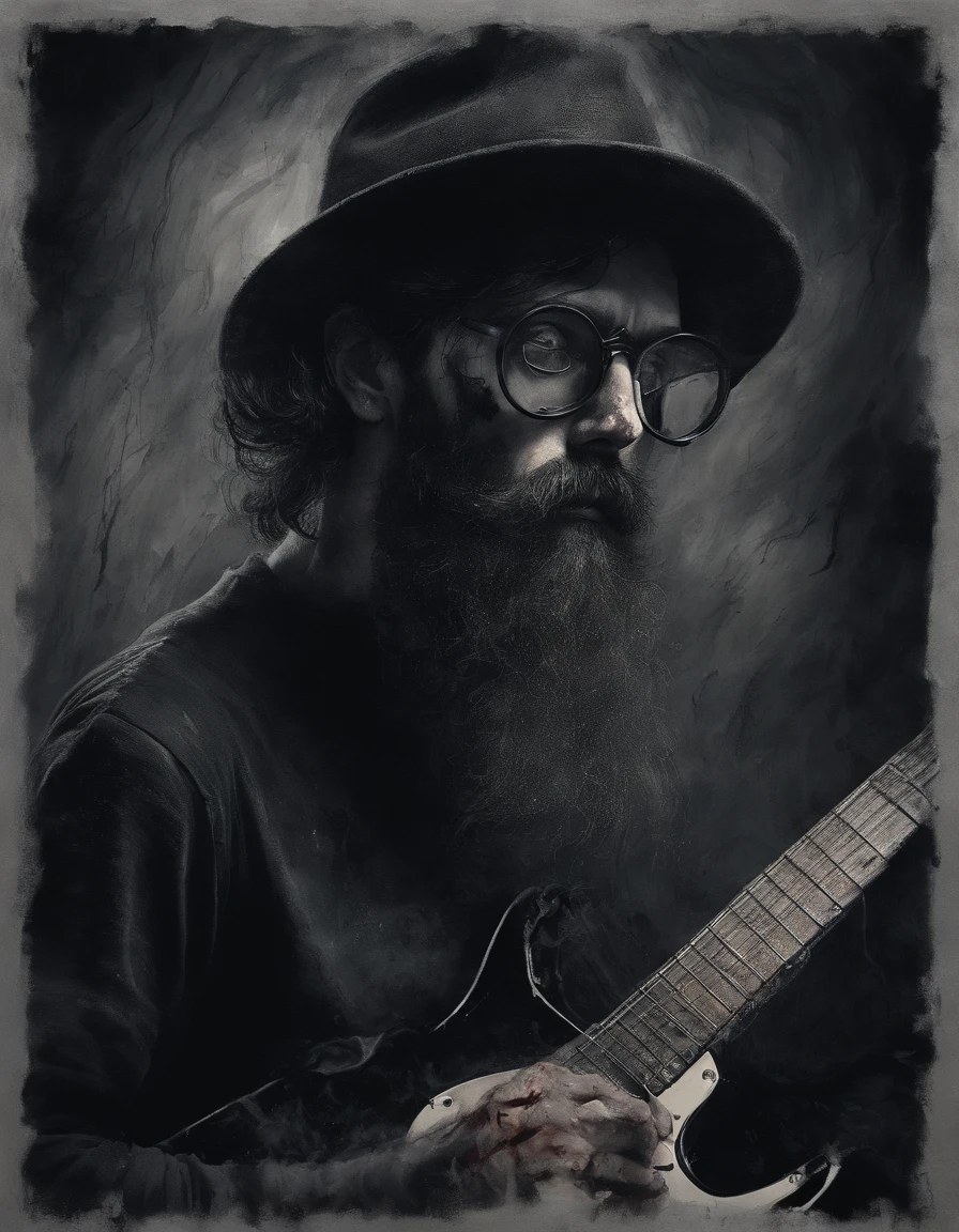 Create an impressionist painting of a boy in glasses, beard and hat, Playing Neve guitar, cosmic ashes, artistic, complicado