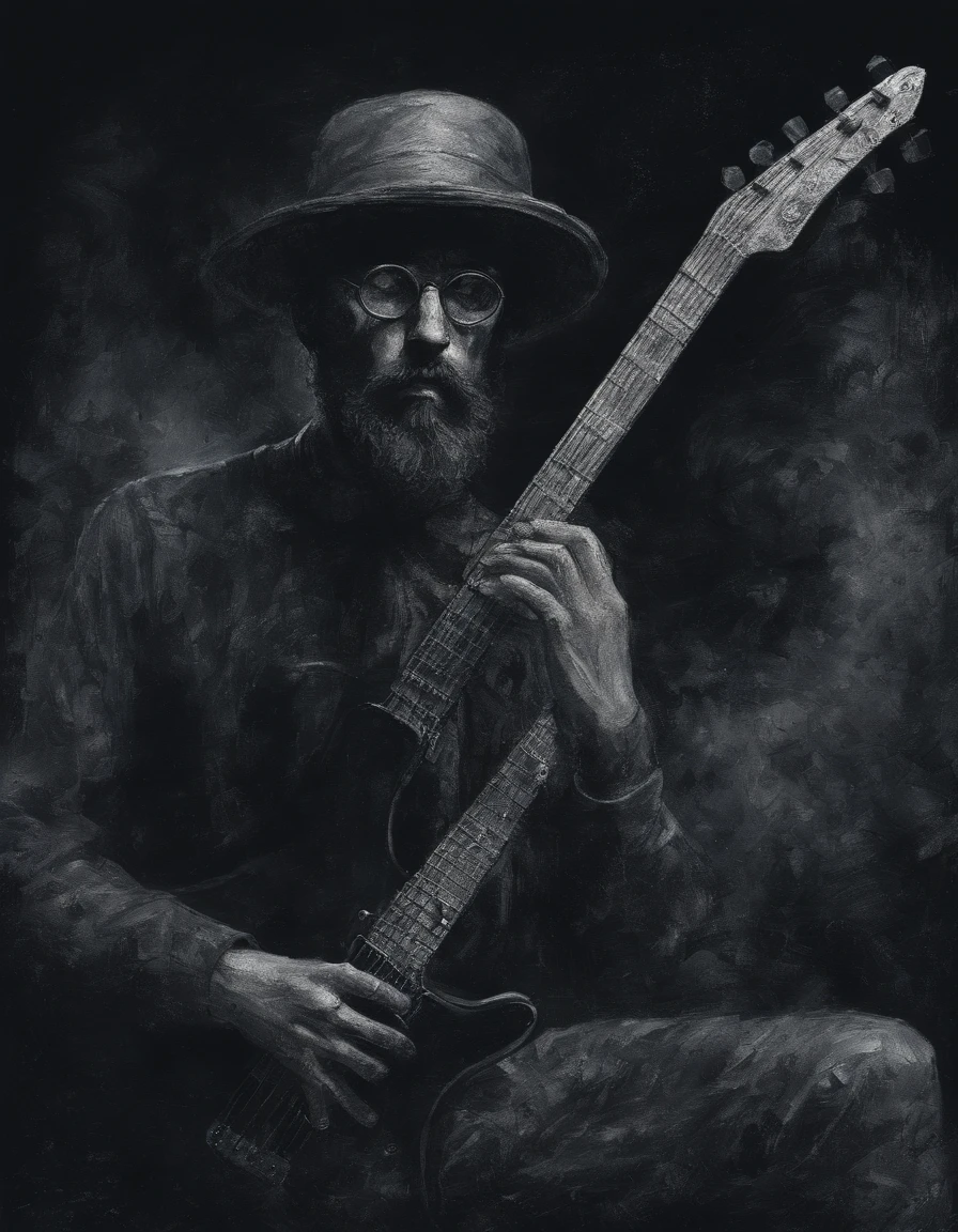 Create an impressionist painting of a boy in glasses, beard and hat,  Playing Neve guitar, cosmic ashes, artistic, complicado