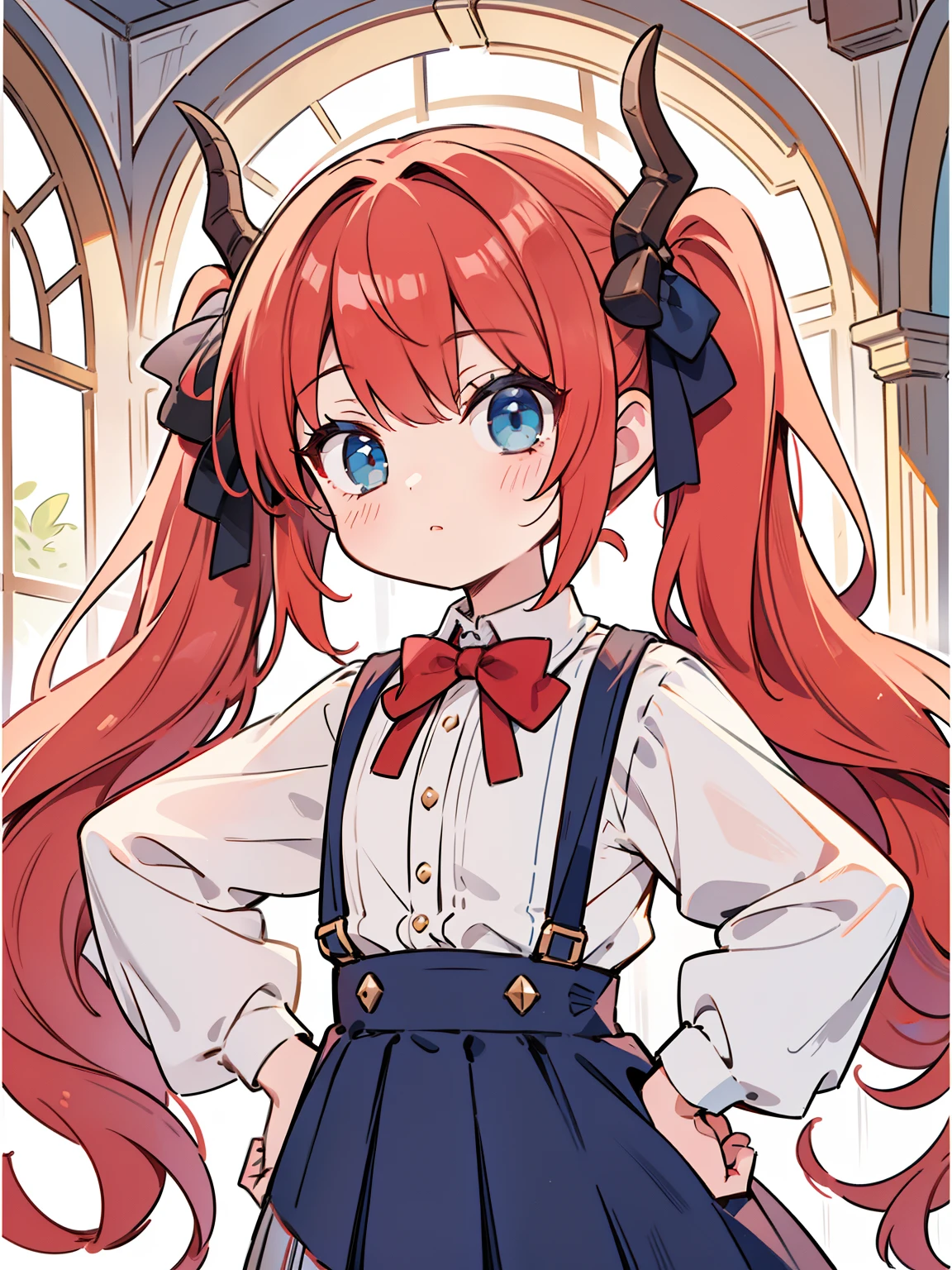 {{best quality}}, {{masterpiece}}, {{ultra-detailed}}, {illustration}, {detailed light}, red hair,blue eyes,twintails,lolita,Suspenders skirt,Fantastic,loli,solo,Dragon horns, girl,long hair