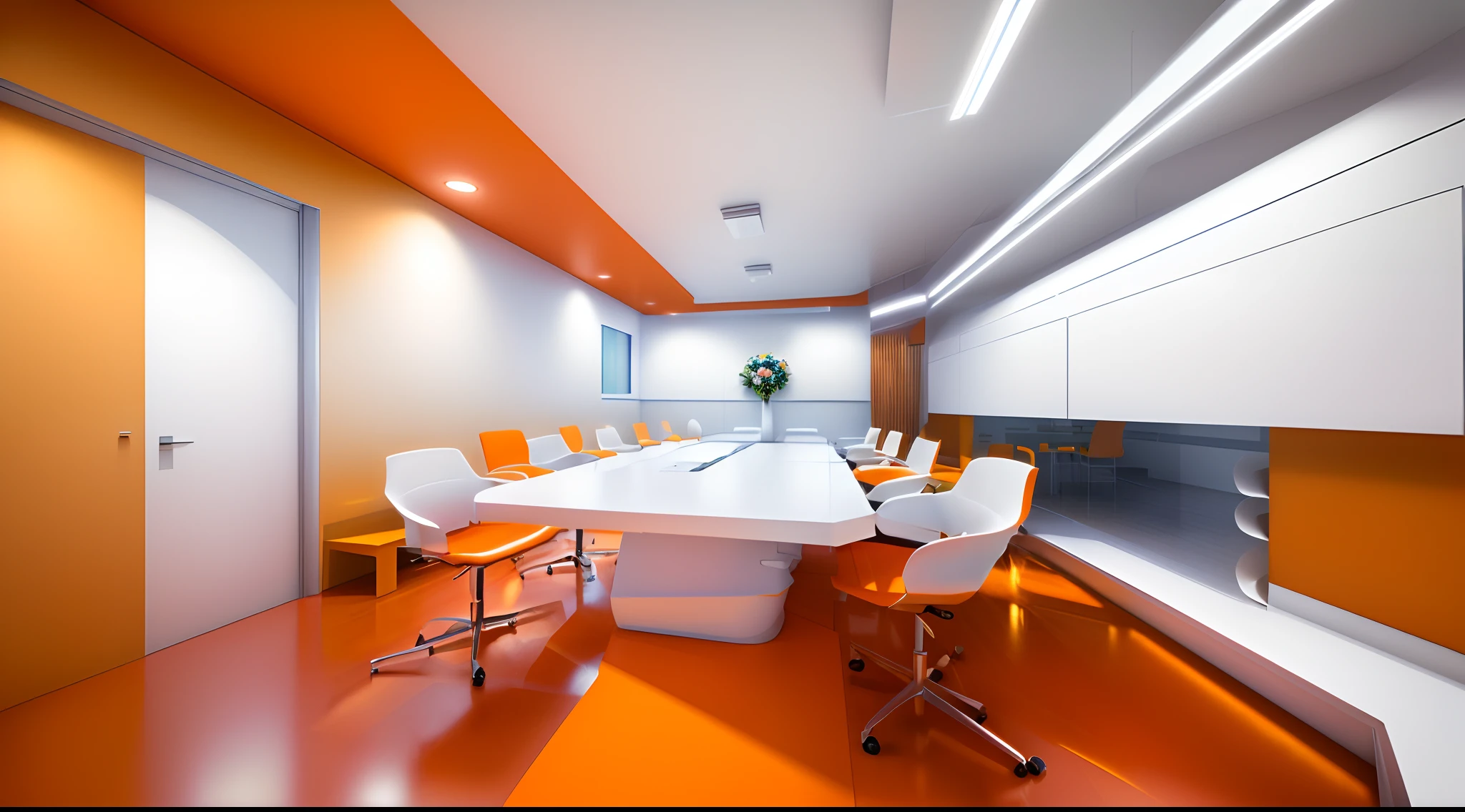 Based on your requirements, below is an office design idea with a meeting room, including a large table and (Origami paper idea with continuously repeating folding blocks) using orange, blue colors and white. Tables can be made from wood or other materials that have a luxurious appearance and high quality. Use white for countertops to create a clean, bright, and modern look. White also contrasts well with orange and blue. The conference table design has soft curves and rounded edges, helping to create a soft, comfortable space.