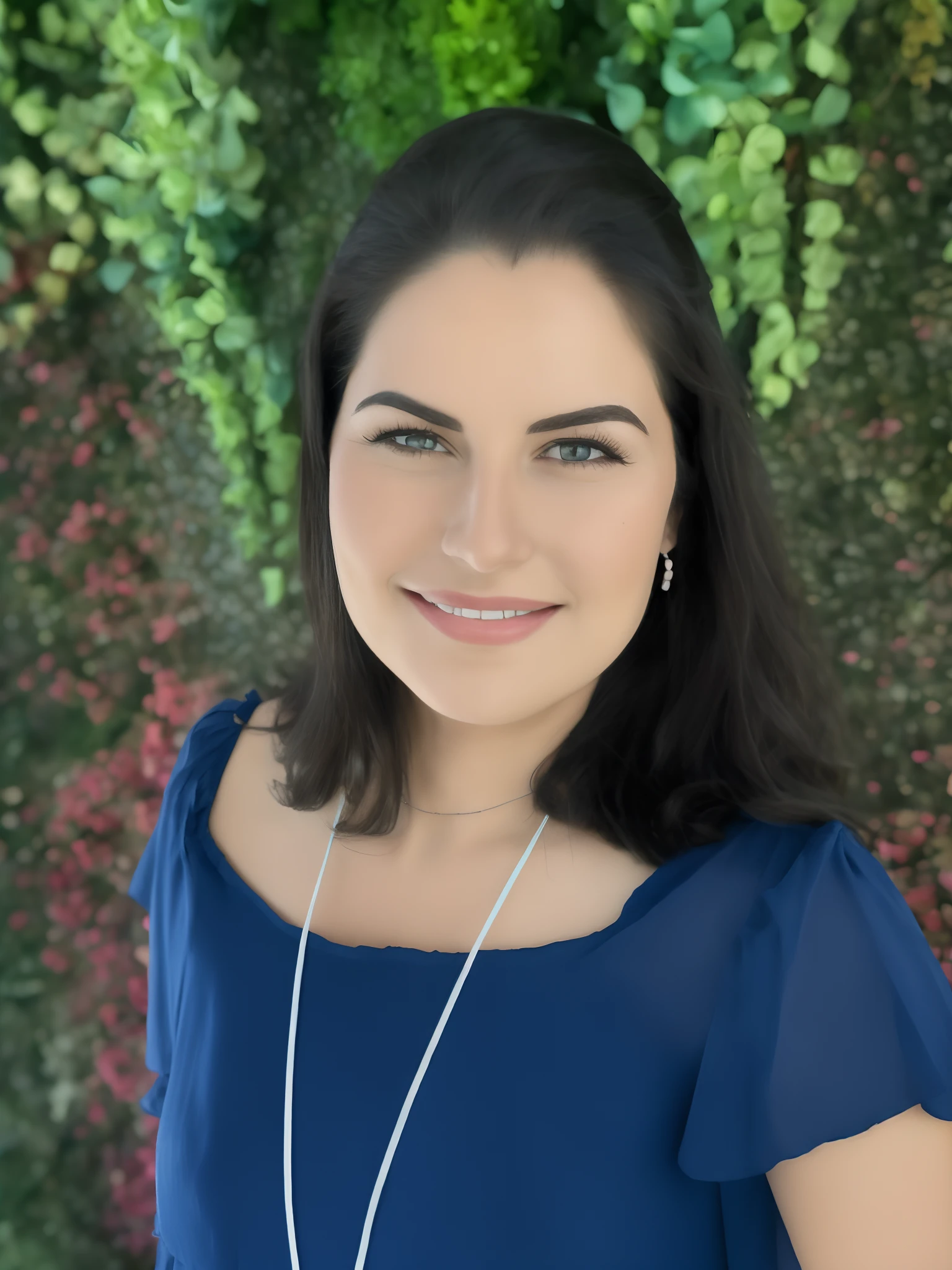 Smiling woman in blue dress with necklace and necklace standing in front of a wall of flowers, Lorena Avarez, Alanis Guillen, Karla Ortiz, julia fuentes, fernanda suarez, inspired by Gina Pellón, foto de perfil headshot, Valentina Embaralhamento, Magda Torres Gurza, imagem de perfil, Adriana DXIM, foto headshot