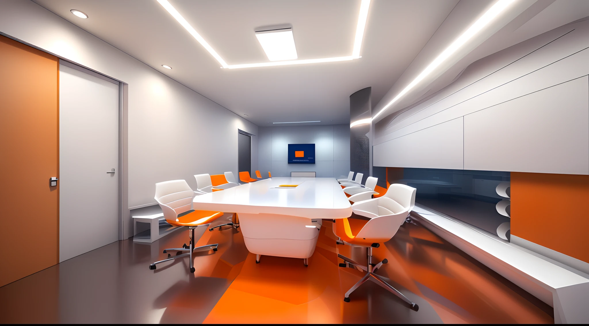 Based on your requirements, below is an office design idea with a meeting room, including a large table and (Origami paper idea with continuously repeating folding blocks) using orange, blue colors and white. Tables can be made from wood or other materials that have a luxurious appearance and high quality. Use white for countertops to create a clean, bright, and modern look. White also contrasts well with orange and blue. The conference table design has soft curves and rounded edges, helping to create a soft, comfortable space.