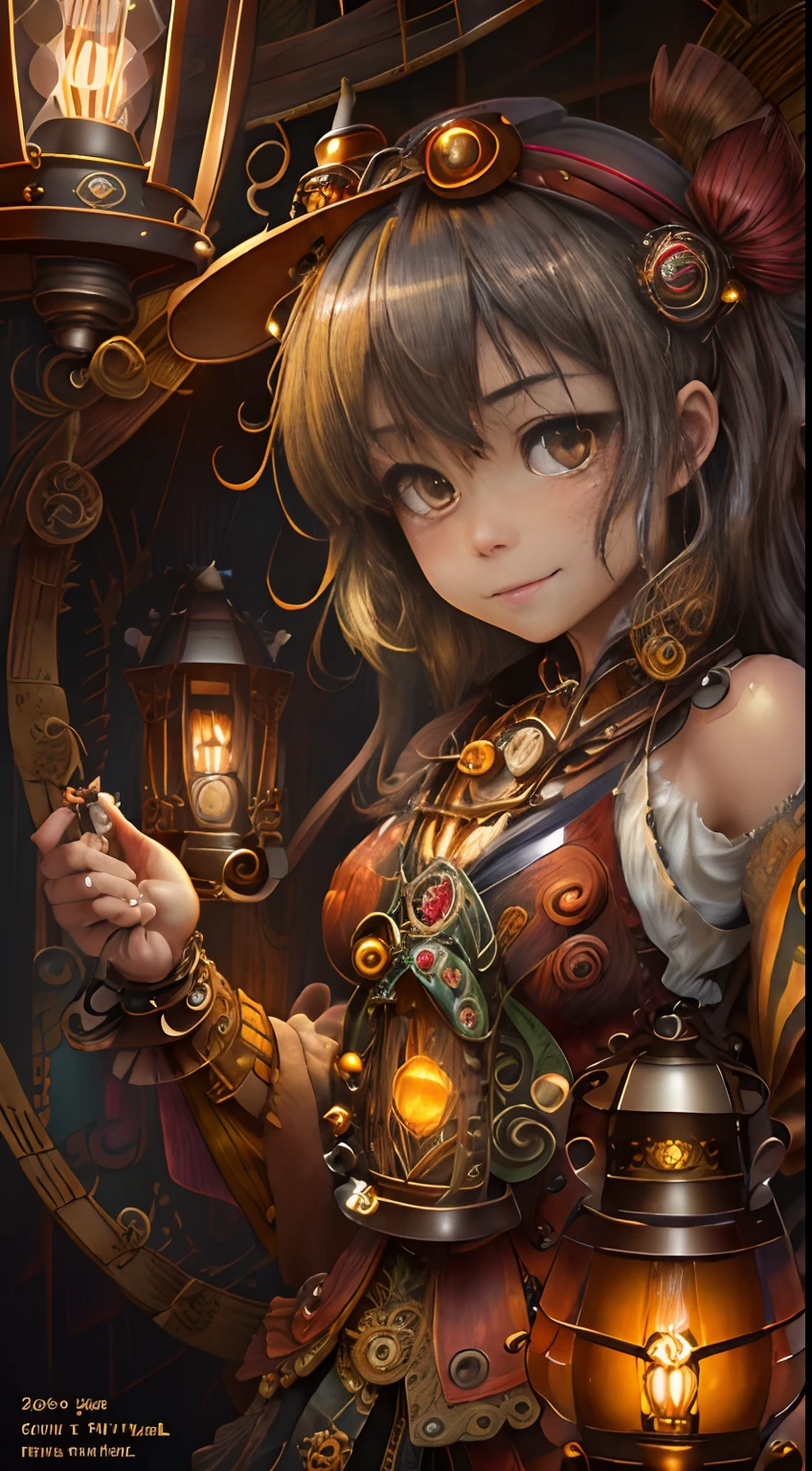 steampunkai。Beautiful。 (masutepiece:1.2)。(Best Quality:1.2)。Perfect face。((Two Girls 1.5))。Japan schoolgirl in steampunk style。(One has long hair)。(The other is shorthaired)。Fly your hurricane lights and explore the labyrinthine passages。(Lighting is one hurricane lamp:1.5)。The background is a narrow passage that is pitch black。