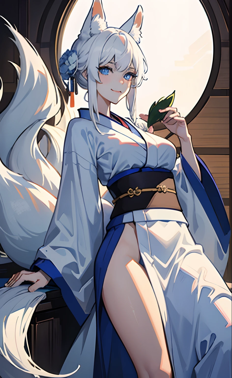 花魁、Longhaire、White hair、Bright blue eyes、Colossal tits、A sexy、lascivious、White kimono、Futomo、white dougi、Healthy skin、Nine-tailed white tail、Fox ears、slight smile