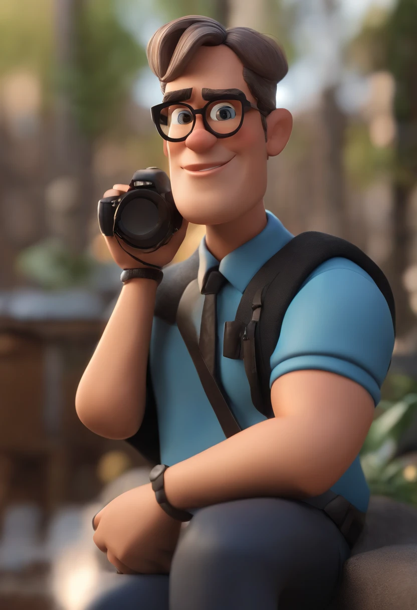Cartoon character of a man wearing black glasses and a blue shirt, um personagem animado, Caractere estilizado, animation style rendering, 3D estilizado, Arnold Maya render, 3 d render stylized, toon render keyshot, Personagem 3D, Personagem 3D, 3d rendering stylized, 3 d character render, personagem de desenho animado, Personagem de close up, Pose de personagem, (Estilo Pixar) (master part:1.2) (Bokeh) (best quality) (pele detalhada) (textura detalhada) (8k) (argila) (Cinematic lighting) (foco nítido，Senta e vaza a parte superior do corpo