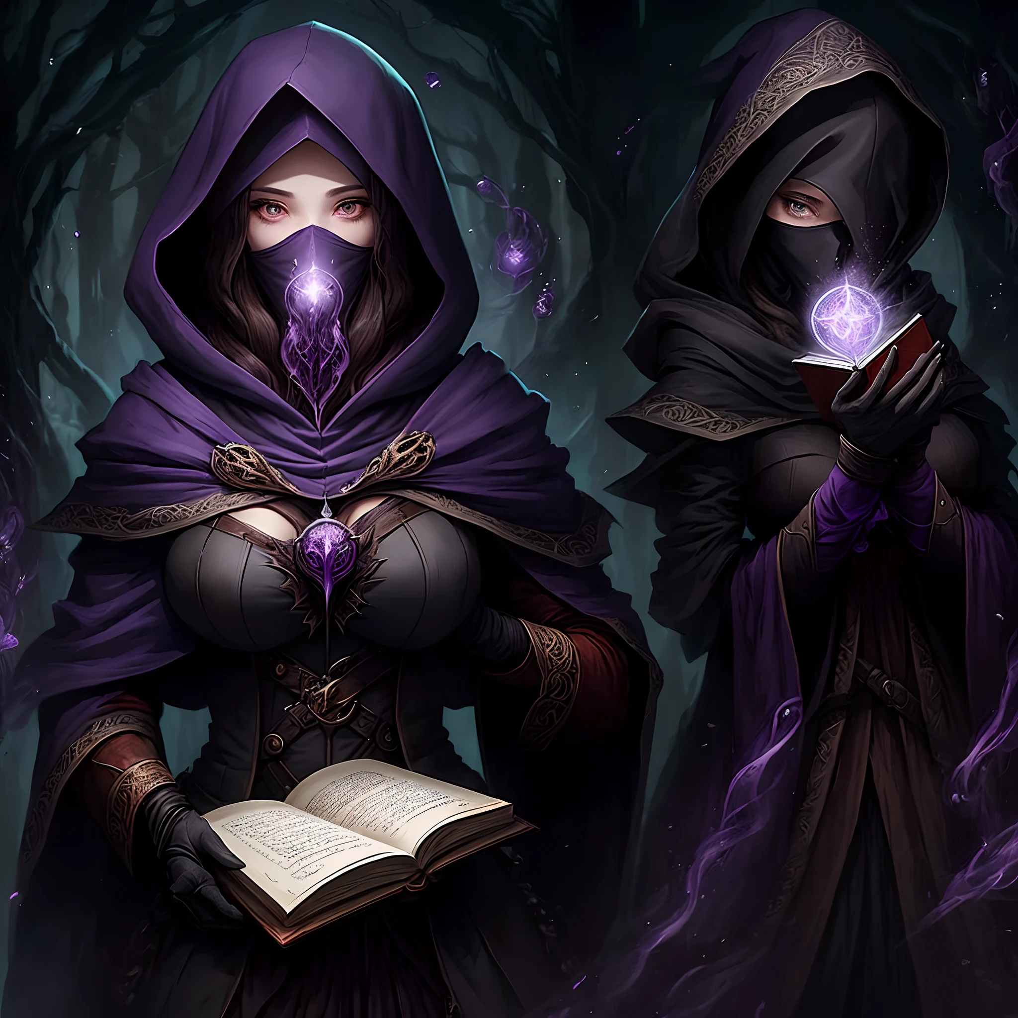 sorceress with her face covered by the purple hood, her eyes are purple and she is holding a magic book