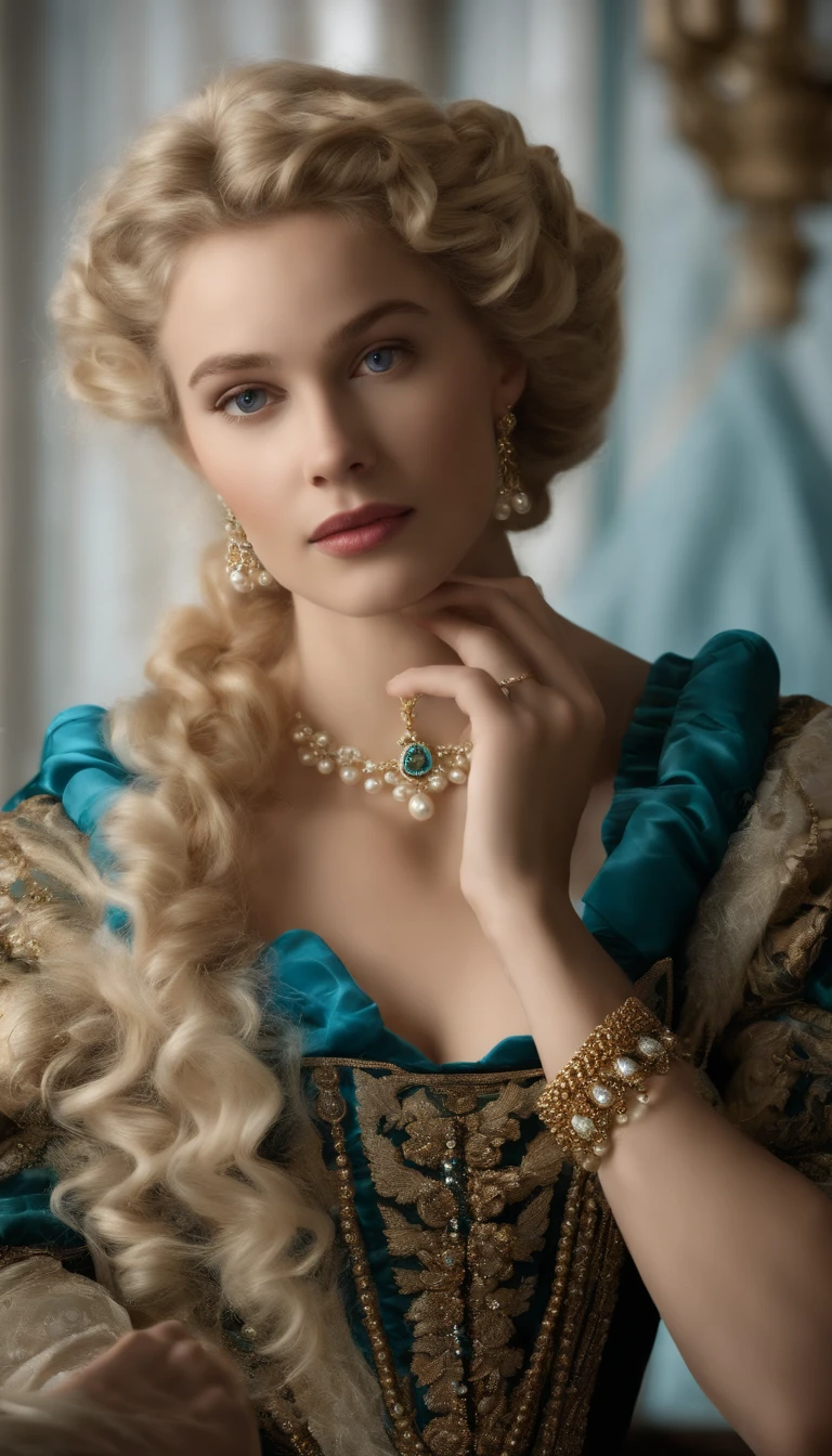 magem de um menino Valois, a young French courtesan of the sixteenth century of the fourteenth century, de 16 anos, com sua beleza e charme. Blonde with white hair and beautiful expressive blue curly eyes with small strands and braids. She is dressed in an exquisite teal dress with white details with pearls and gold, com um decote profundo. Joias finas, colar com muitas perolas e safiras, brincos de perolas e aneis nos dedos. (melhor qualidade,ultra-realistic:1.2),A high resolution ,ultra-detalhado,
