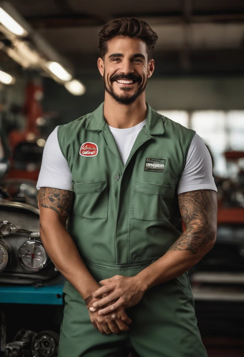 criar em estilo pixar Disney , A Young Mechanic, careca um olho verde outro castanho claro , um bigode ,magro ,tom de pele branca , with some tattoos on his arm , He's smiling and happy , he is inside a mechanic shop called Quinho auto elétrica, The colors of the workshop are light gray ,azul e branco , ele veste uma camisa de uniforme preta , written Quinho auto electric, He has an automotive alternator in his hands , e feliz