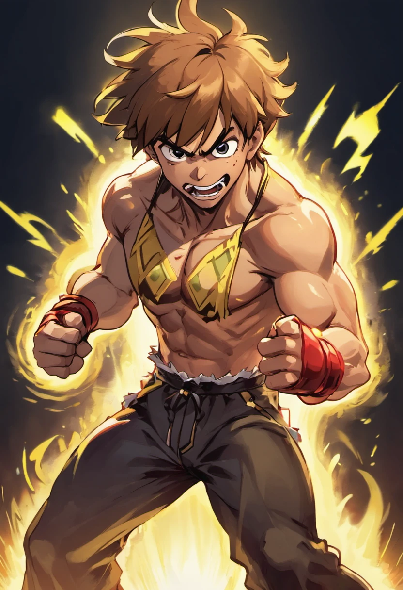 Japanese boy with very slanted eyes, short brown hair with a pompadour, modern haircut, feline eyes, defiant, brave, with a torn, torn white kung fu suit, with a gold ribbon tied around his waist. Tiger posture, animal. Fangs, in a combat arena. Sharp nails. Ready to attack. Transformation.