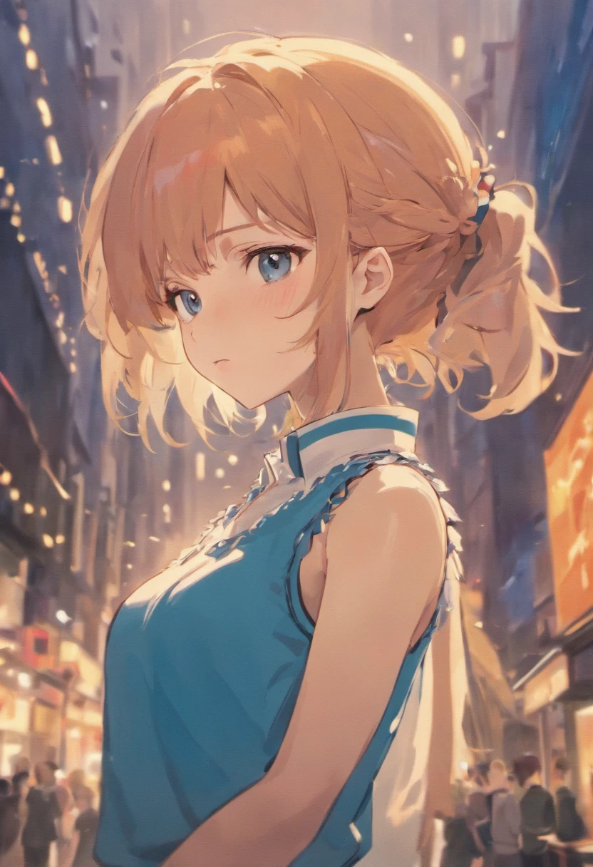 woman,Japanese,Blue shirt,Sleeveless,Realistic details, high resolution,Bokeh,Outstanding details