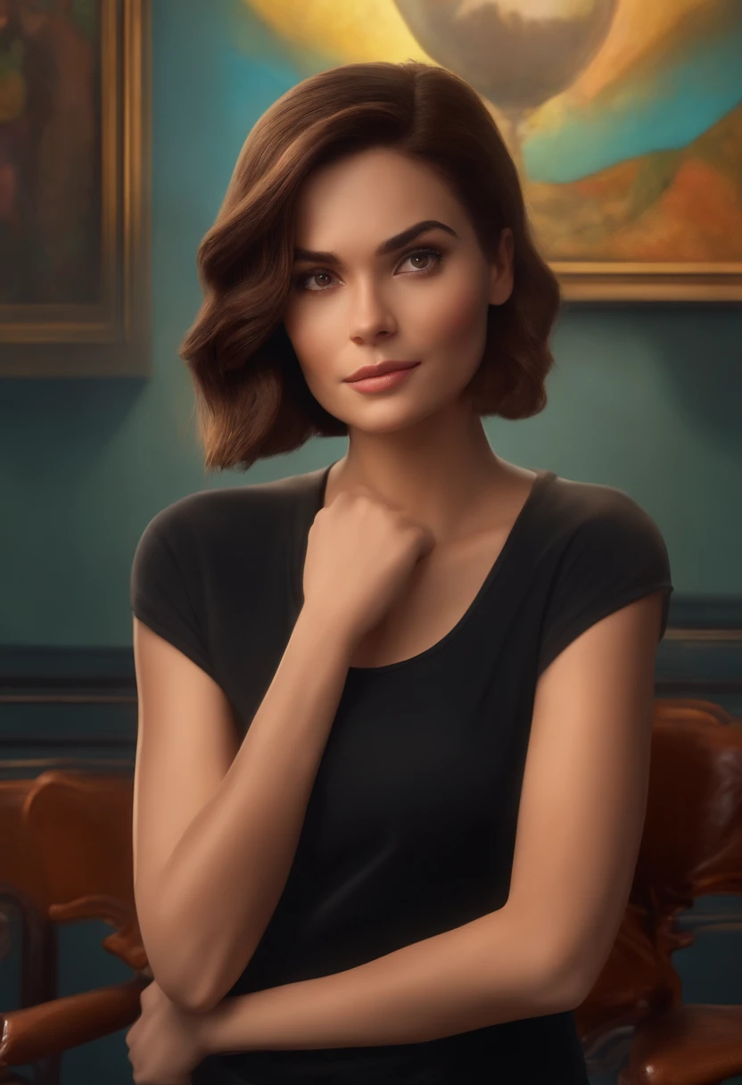 filme Marketing 2023 estilo filmes Pixar, Com nome "N - Marketing", poster, With short, lighter brunette hair and a black t-shirt in front of her crossed arms.