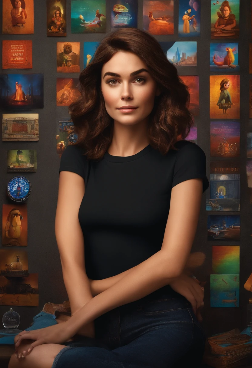 filme Marketing 2023 estilo filmes Pixar, Com nome "N - Marketing", poster, With short, lighter brunette hair and a black t-shirt in front of her crossed arms.