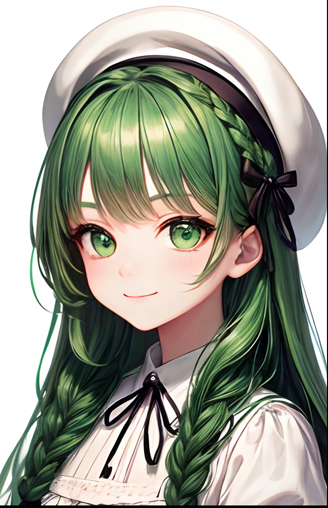 girl with、No background、without background、Background through、Green hair、Green hair、long、The long-haired、Braiding、Subject bangs、Aligned bangs、Sareme、drooping eyebrows、Green eyes、Green eyes、White uniform、White Lolita Fashion、Onepiece、beret、White cap、Striped ribbon、A smile、kawaii、without background
