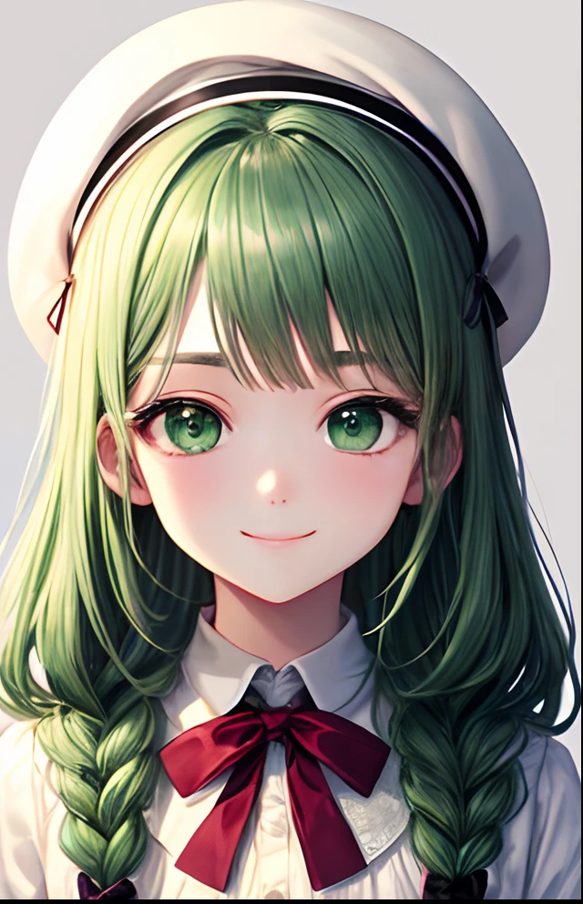 girl with、No background、without background、Background through、Green hair、Green hair、long、The long-haired、Braiding、Subject bangs、Aligned bangs、Sareme、drooping eyebrows、Green eyes、Green eyes、White uniform、White Lolita Fashion、Onepiece、beret、White cap、Striped ribbon、A smile、kawaii、without background