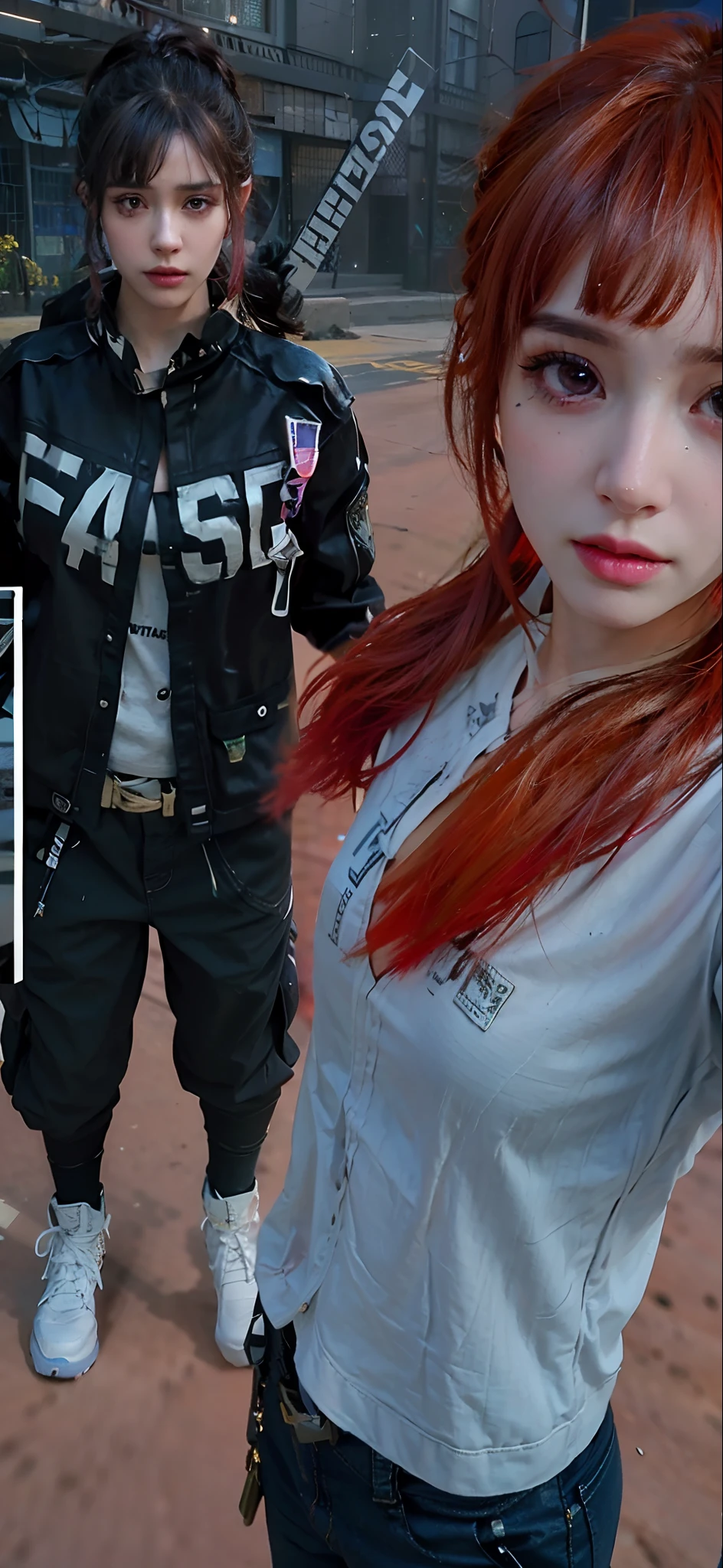 there is a woman with a gun in a street, unreal engine : : rave makeup, with very highly detailed face, makeup. unreal engine, close up character, unreal 5. rpg portrait, ultra detailed content : face, 8k highly detailed face, detailed photo of virtual world, character close up, beautiful screenshot, 8 k character details, 8k portrait render