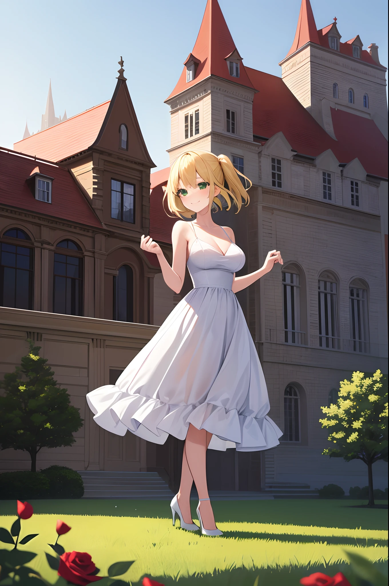 (absurdres, highres, ultra detailed, high resolution: 1.1), 1 girl, solo, wide angle, full body, large breasts, smile, blonde hair, bright green eyes, white dress, white high heels, houses, castle, rose field, nice hands, perfect hands,