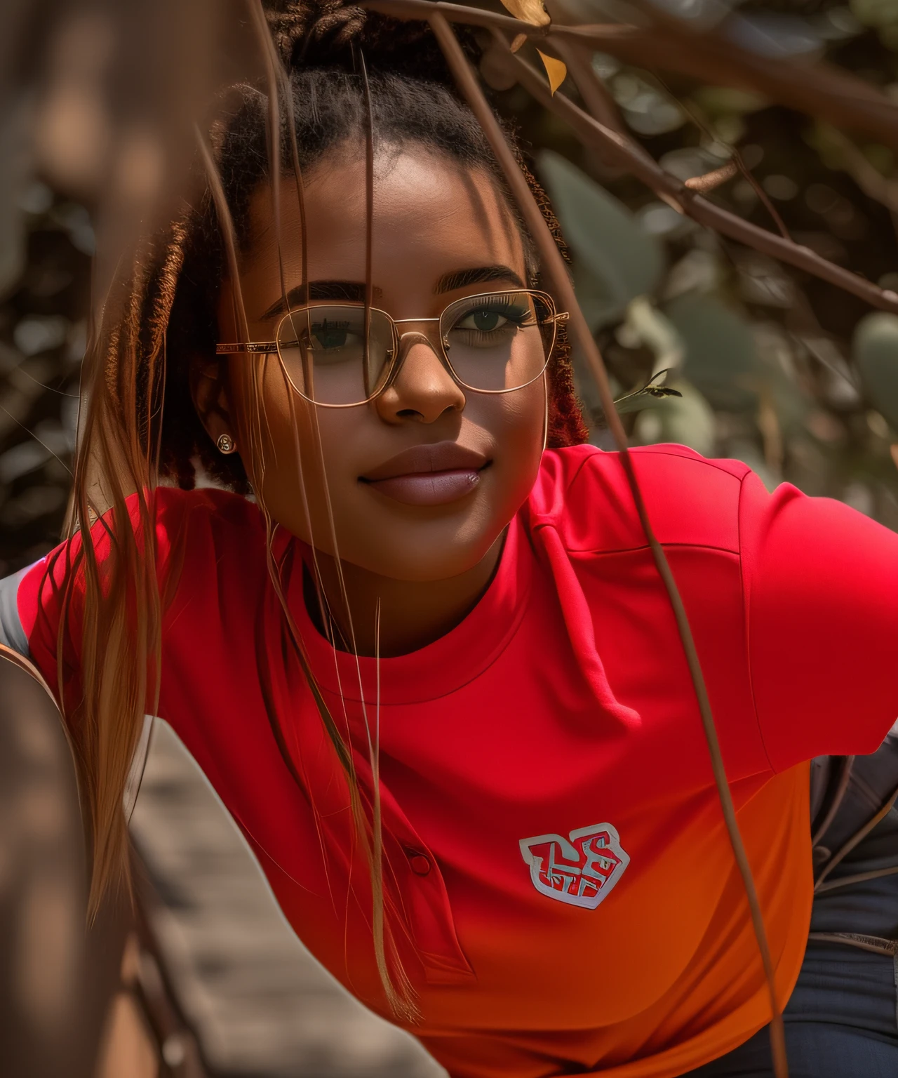 There's a young woman with glasses and a red shirt, retrato de alta qualidade