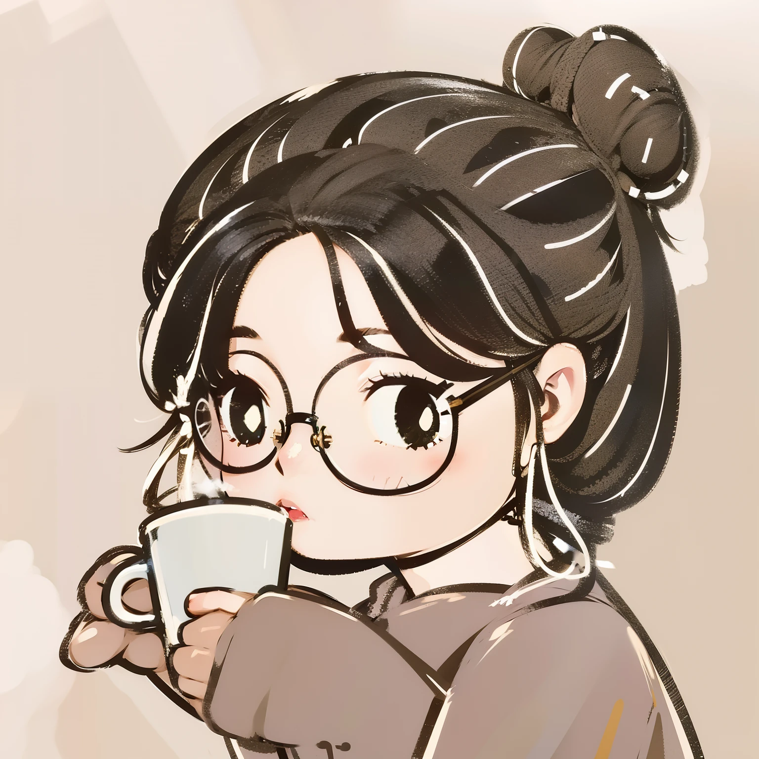 Cartoon of a woman with glasses holding a cup of coffee, lofi portrait, lofi-girl, Cartoon Cute, Drinking coffee, in an anime style, drinking a coffee, 🍁 Cute, zumidraws, Is ((drink a tea)), drinking a cup of coffee, cute portrait, cartoonish style, Drawing style, comic drawing style
