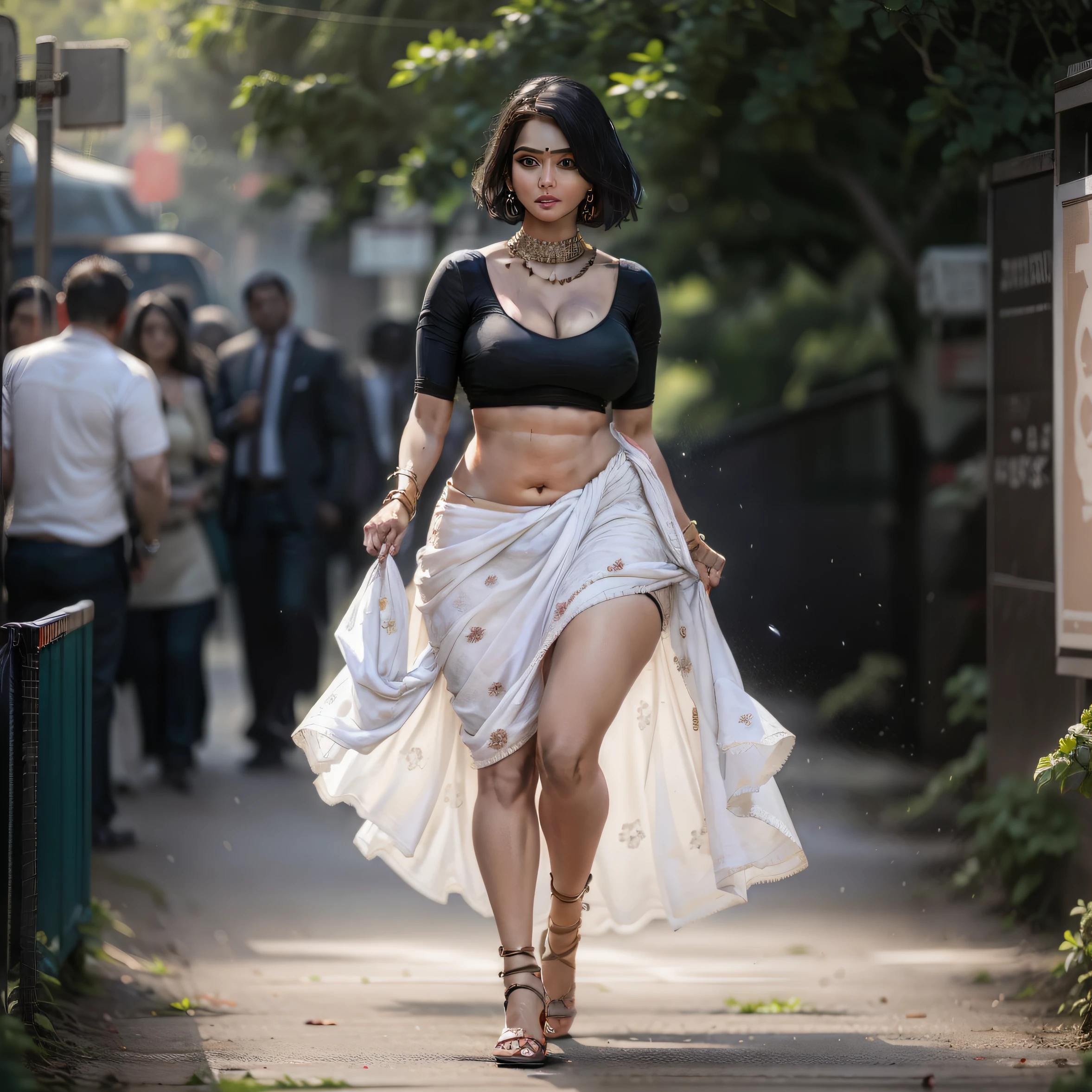 A super realistic 4k photo of an indian model as she paces down the street  gracefully  in her unique twist on the traditional dirndl: a tennis skirt style gathered skirt made of faded, well-worn material that accentuates her beautiful back and stunning legs