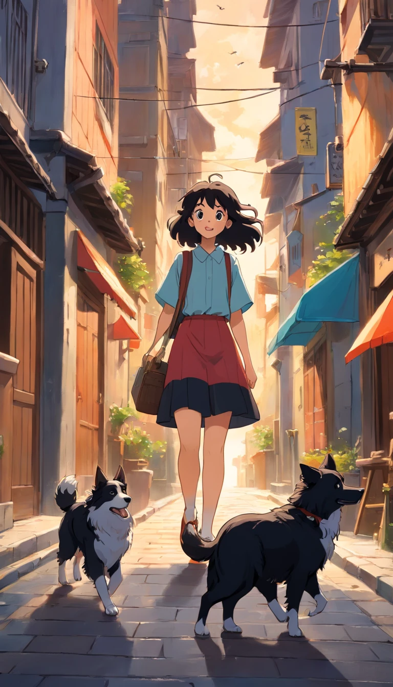 A girl with brown curly hair is walking down the street, a boy with straight black hair and two adult dogs with all black Border Collie breed. Um dos cachorro tem a ponta do rabo branca. They're happy