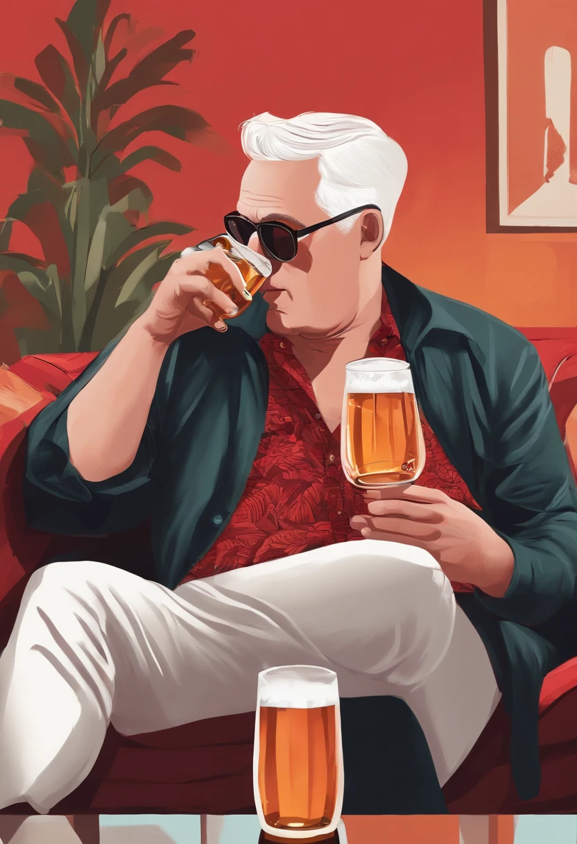 A white fat white man with very short white hair sitting on a couch drinking beer in a red button-down shirt
