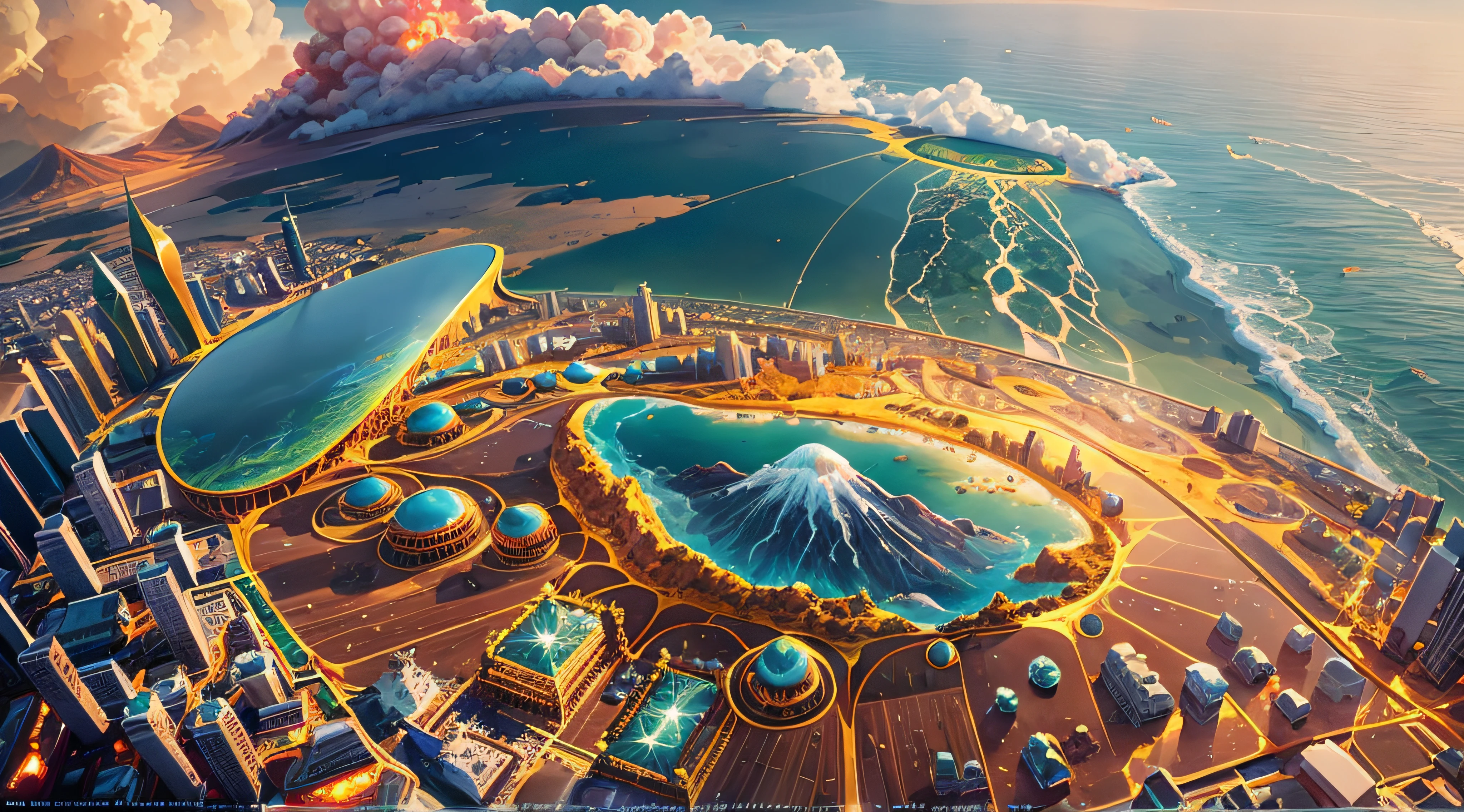 view over city,There is a volcano in the middle, 4k highly detailed digital art, inspired by Mike Winkelmann, metaverse concept art, author:Alexander Kucharisky, epcot, author:Mike Winckelman, amazing wallpapers, Beeple e Jean Giraud, Beautiful city of the future, Inspired by Cyril Rolando