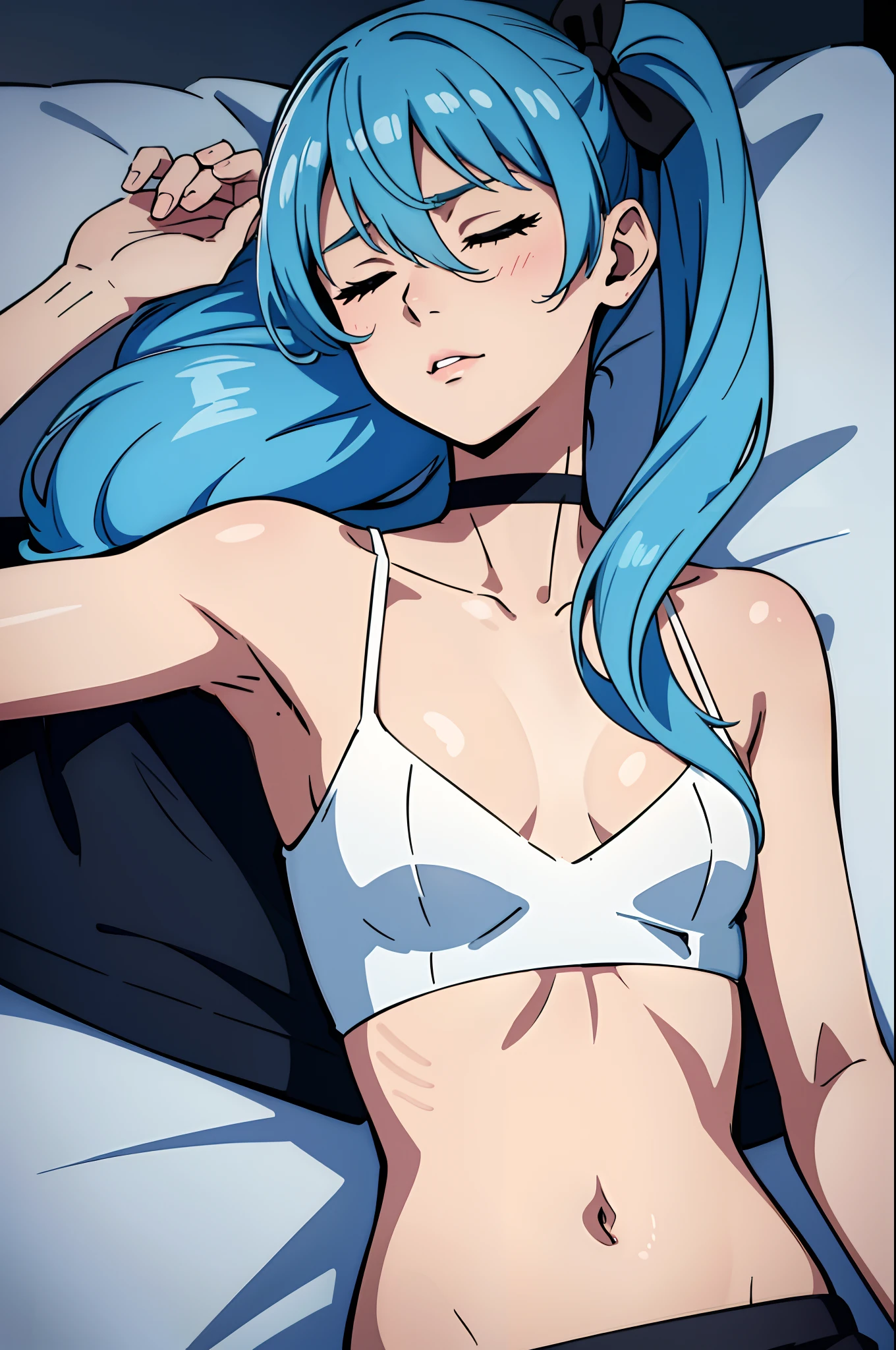 masterpiece, best quality, ultra-detailed, illustration, colorful, flat color, depth of field, 1girl, suisei hoshimachi, closed eyes, light blue hair, choker, hair between eyes, medium hair, side ponytail, star choker, anime, (closeup), in bed, lying on back, detailed skin texture, beautiful detailed face, sleeping, relaxed pose, happy, collarbone, (black oversized t-shirt, small breasts, flat chest, midriff, slender, slim)