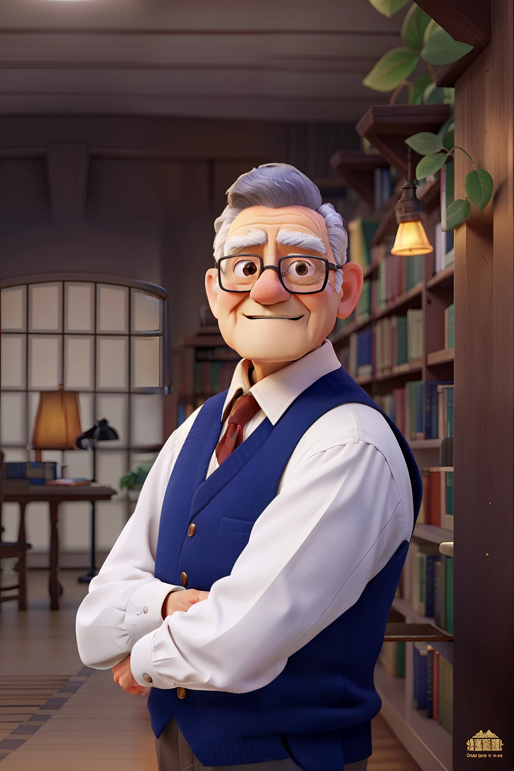 A wise old man standing in front, illuminated by the light of a lamp, against the backdrop of a library