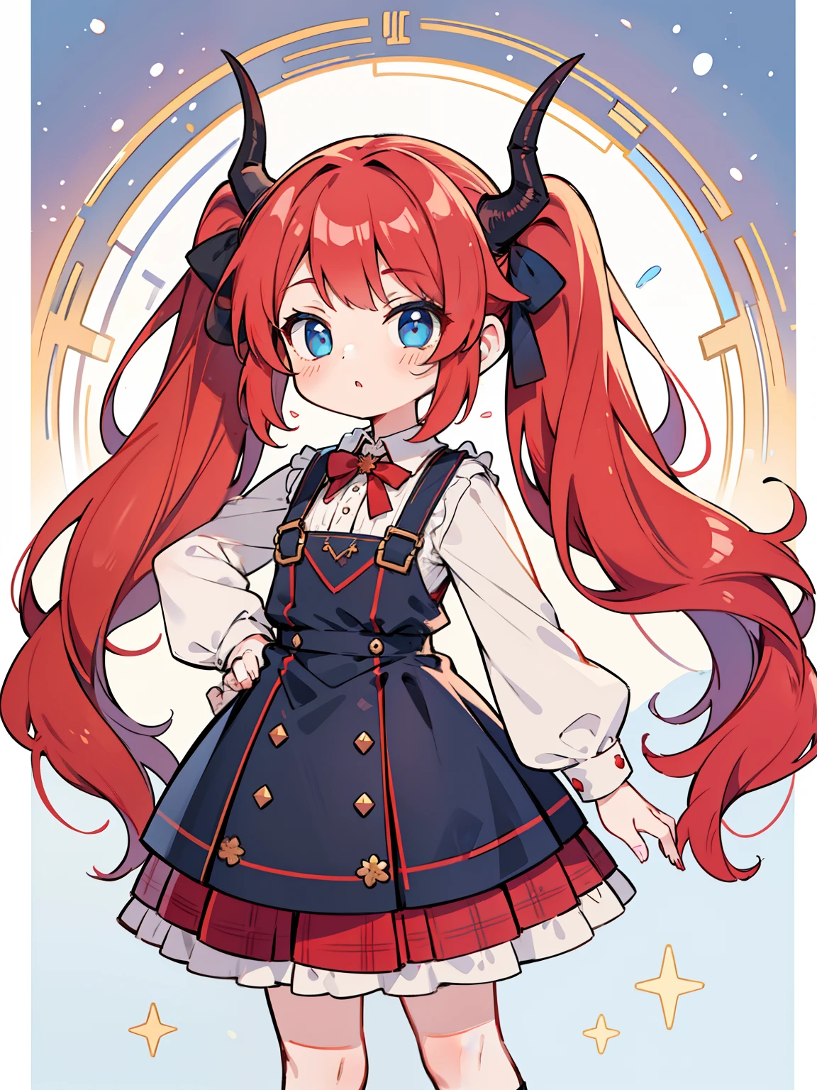 {{best quality}}, {{masterpiece}}, {{ultra-detailed}}, {illustration}, {detailed light}, red hair,blue eyes,twintails,lolita,Suspenders skirt,Fantastic,loli,solo,Dragon horns, girl,long hair