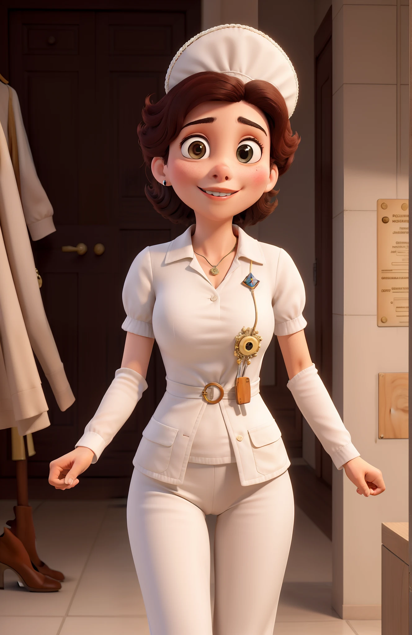 obra-prima, melhor qualidade, loira Enfermeira com franja , colocando luvas no hospital, roupa de enfermeira branca