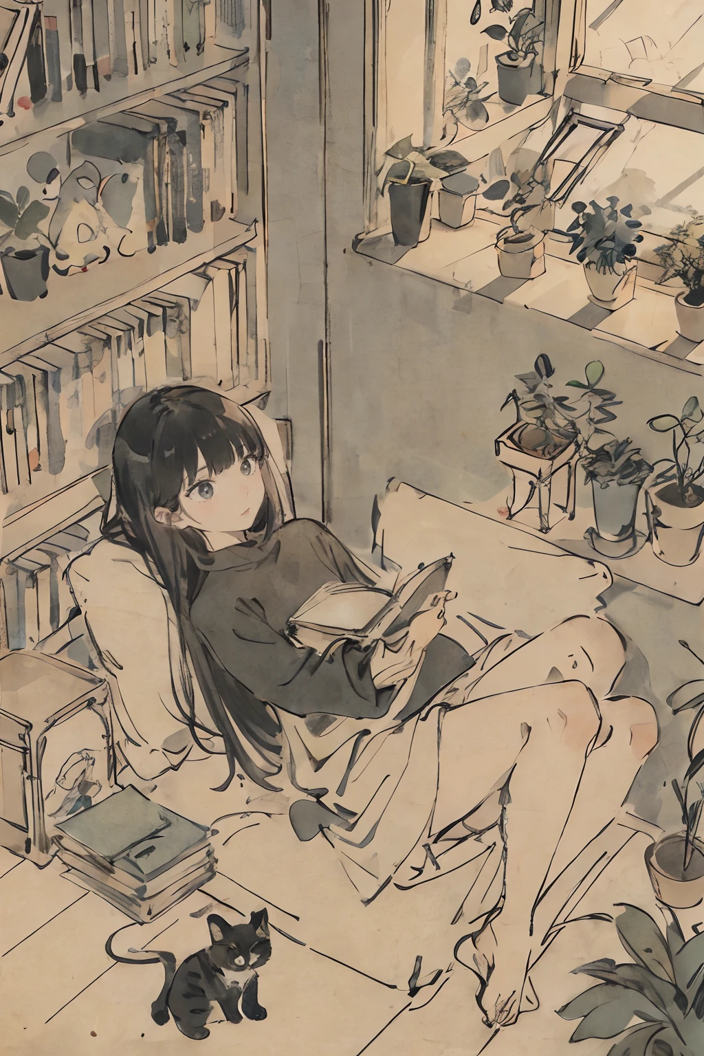 a girls, from above, plant, black hair, cat, lying, indoors, holding, long sleeves, long hair, stuffed toy, potted plant, book, food, window, phone, loaded interior, television, short hair, on back, stuffed animal, bangs, slippers, barefoot, sitting, bookshelf, shelf, cable, computer