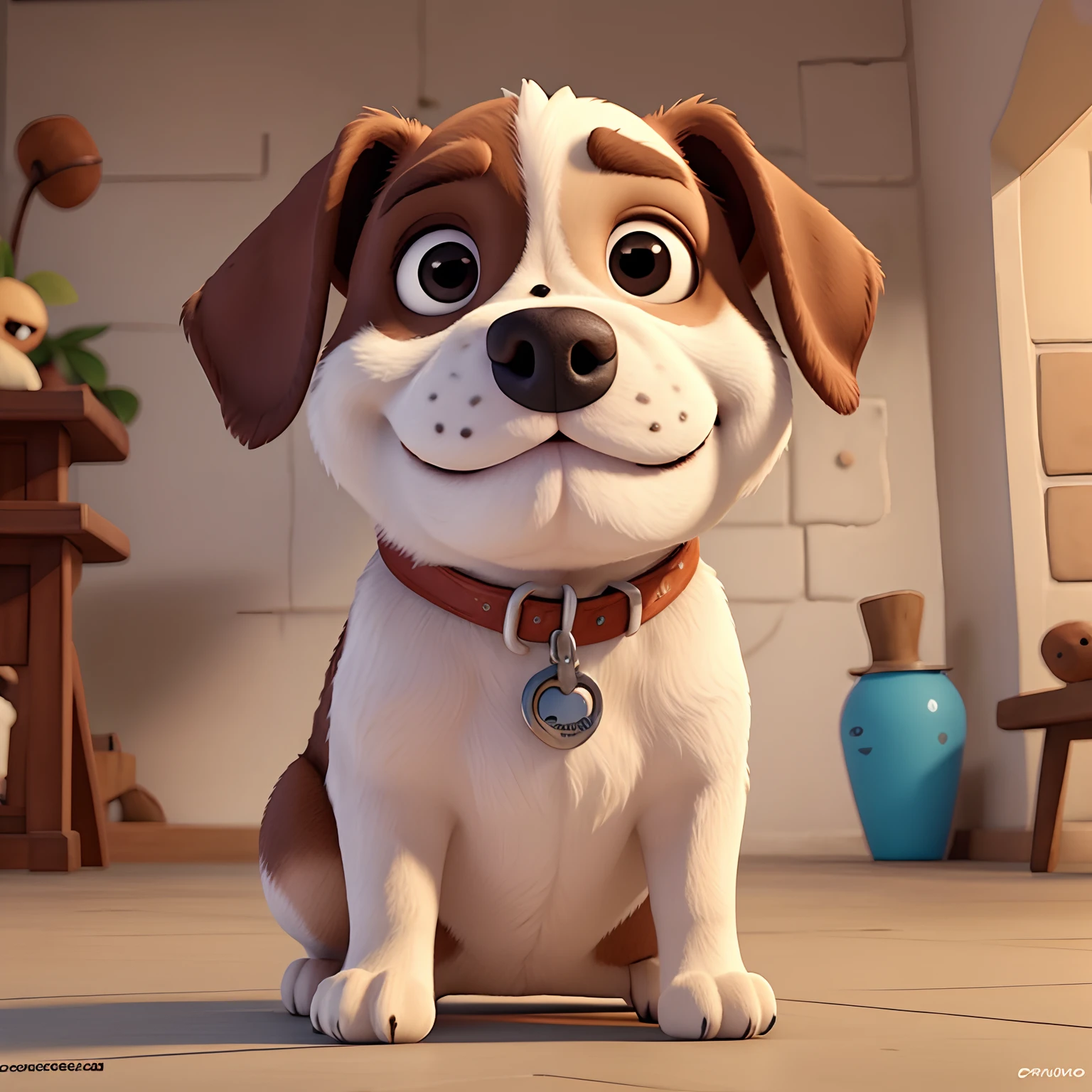 Crie personagem no estilo Pixar cachorro bulldog Frances preto e branco