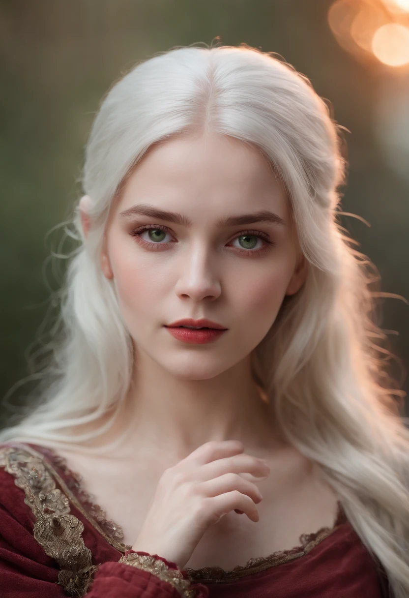 (((a deep reddish wound crosses her left cheek))) fair complexion, woman around 19 years old, natural white hair, distinctive green eyes, wearing kohl, slender and graceful, beautiful, candlelight in a medieval setting, ultra sharp focus, realistic shot, medieval female clothes, tetradic colors (scar:1.4)
