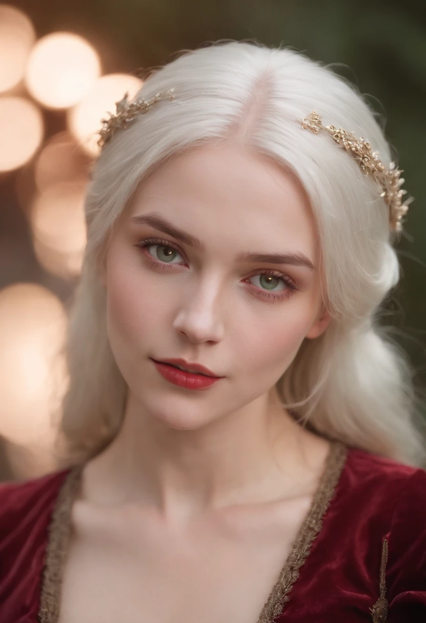 (((a deep reddish wound crosses her left cheek))) fair complexion, woman around 19 years old, natural white hair, distinctive green eyes, wearing kohl, slender and graceful, beautiful, candlelight in a medieval setting, ultra sharp focus, realistic shot, medieval female clothes, tetradic colors (scar:1.4)