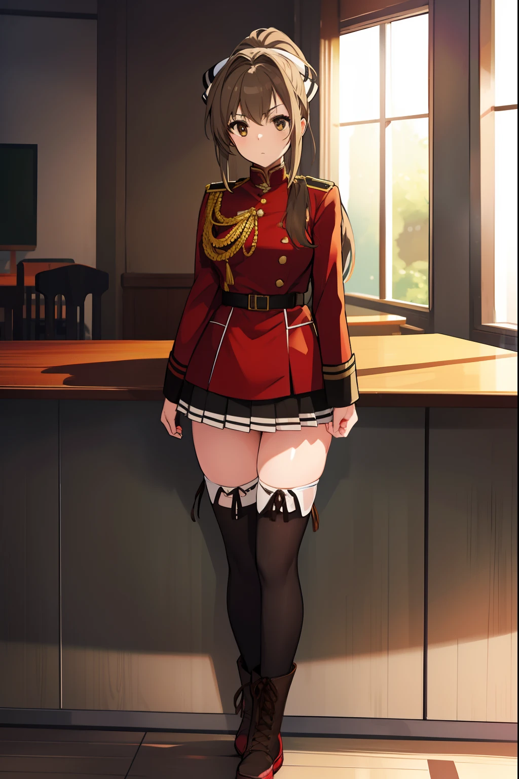 isuzusento, isuzu sento, ahoge, (brown eyes:1.7), light brown hair, long hair, ponytail, hair ribbon, ribbon, (medium breast:1.2),
BREAK aiguillette, ankle boots, black ribbon, black skirt, boots, brown footwear, cross-laced footwear, frilled skirt, frills, jacket, lace-up boots, military, military uniform, pleated skirt, (red jacket:1.5), skirt, thighhighs, uniform, white thighhighs, white ribbon, buttons, sleeveless,
BREAK looking at viewer,
BREAK indoors, classroom,
BREAK (masterpiece:1.2), best quality, high resolution, unity 8k wallpaper, (illustration:0.8), (beautiful detailed eyes:1.6), extremely detailed face, perfect lighting, extremely detailed CG, (perfect hands, perfect anatomy),